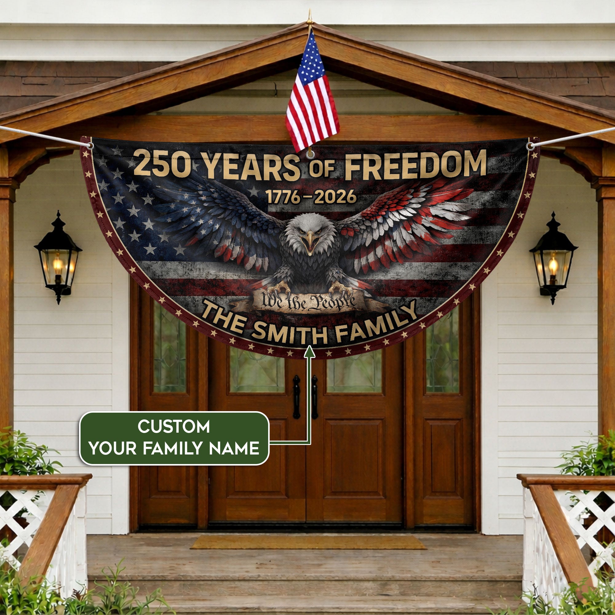 American Bald Eagle Fence Flag Custom Family Name 250 Years Freedom 1776-2026 Patriotic Yard Decor