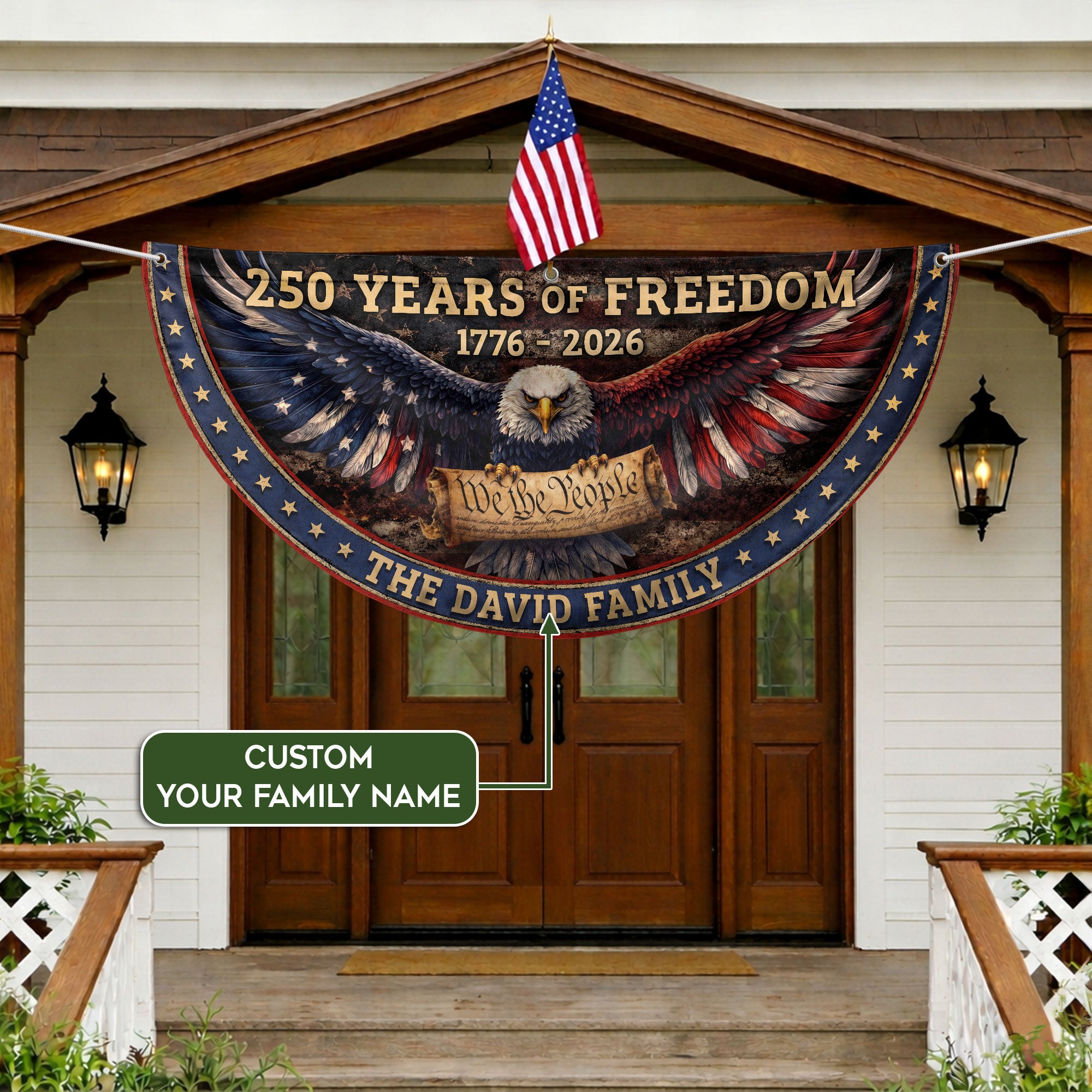 We The People Eagle Fence Flag Personalized Family Name 250 Years of Freedom 1776-2026 Patriotic Decor