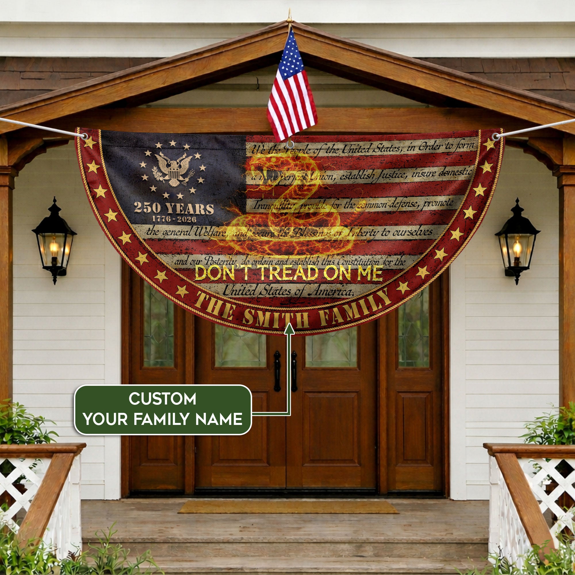 Dont Tread On Me Snake Fence Flag Custom Family Name 250 Years Freedom 1776-2026 Patriotic Yard Decor