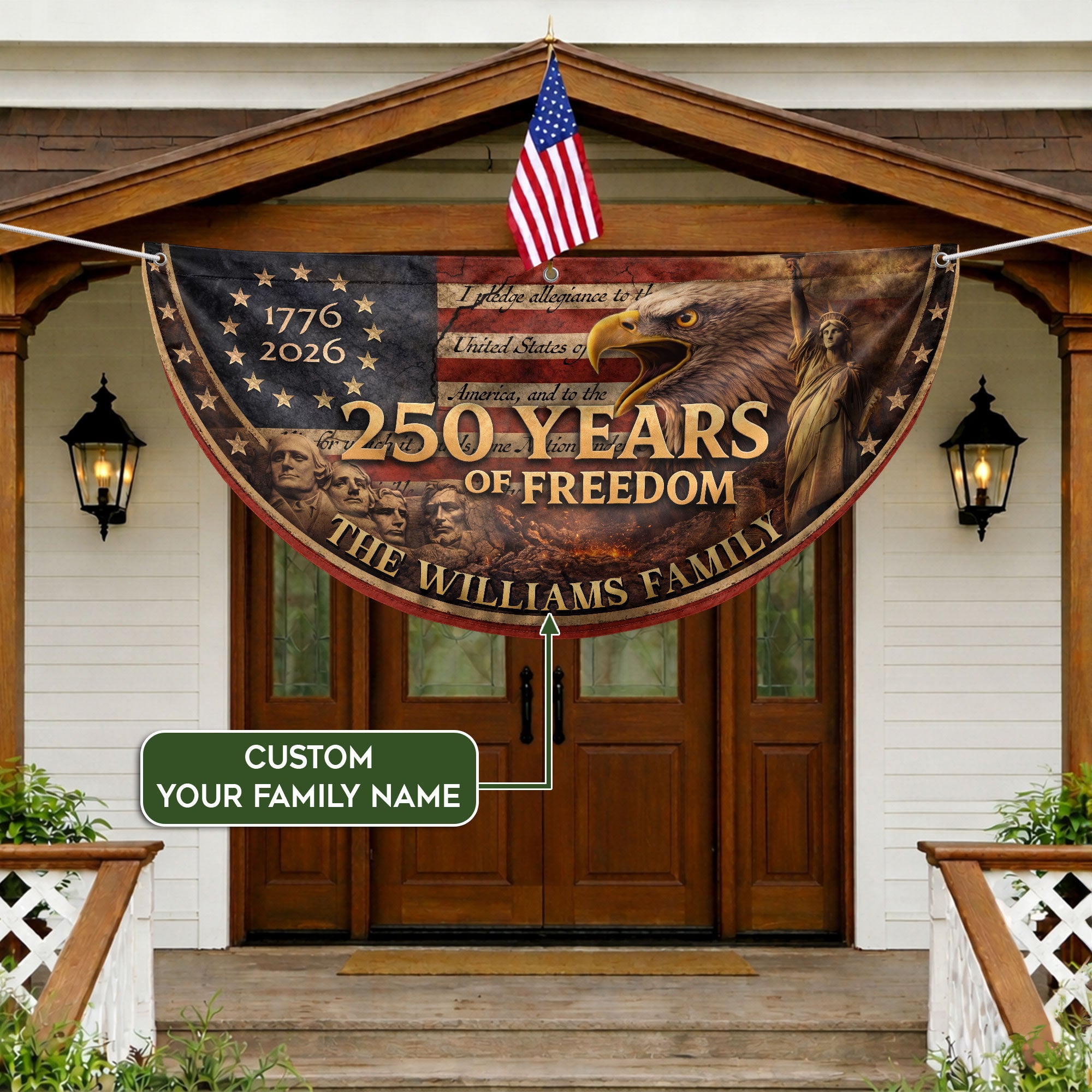Mount Rushmore Eagle Fence Flag Custom Family Name 250 Years Freedom 1776-2026 Patriotic Yard Decor