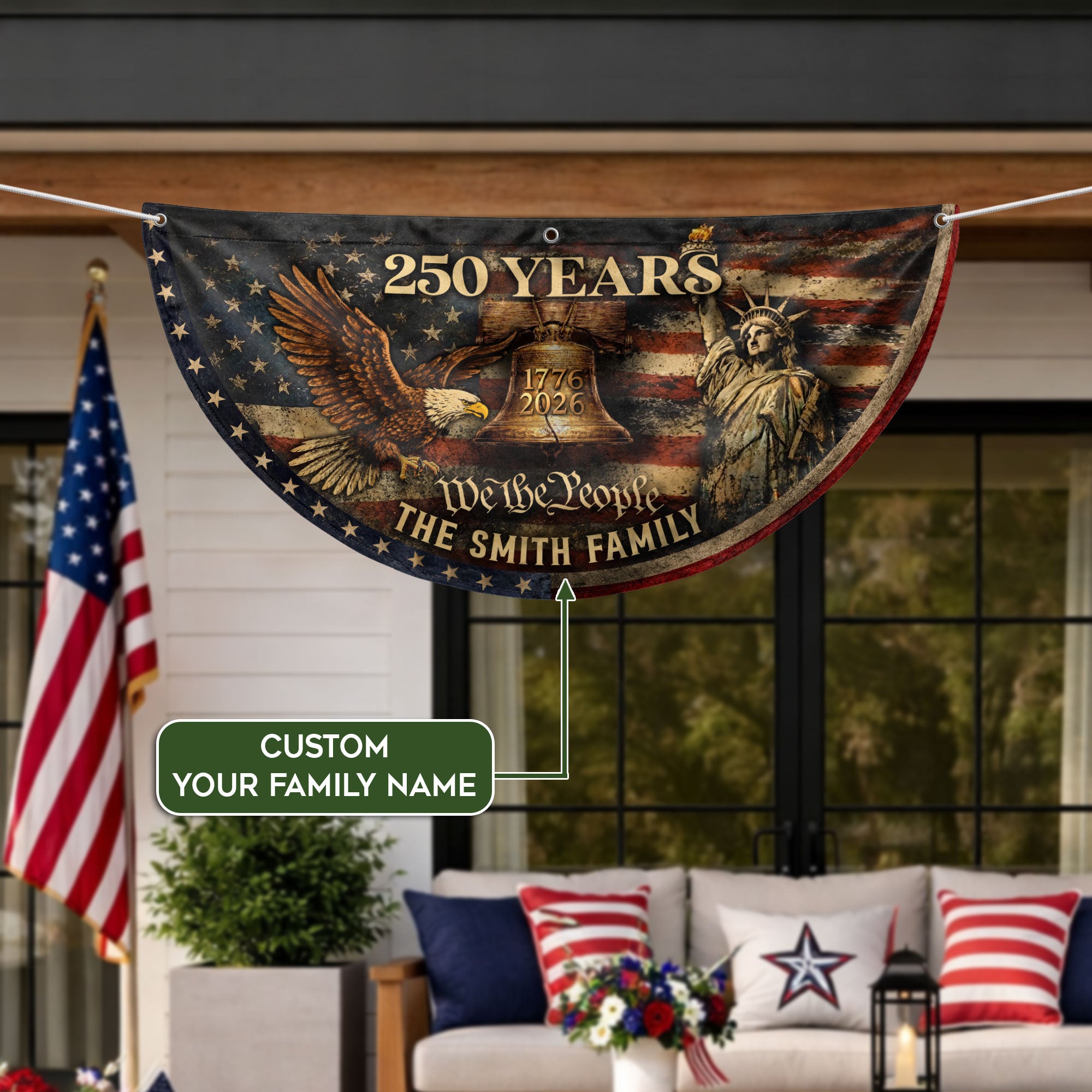 Liberty Bell Eagle Fence Flag Custom Family Name 250 Years Freedom 1776-2026 Patriotic Yard Decor