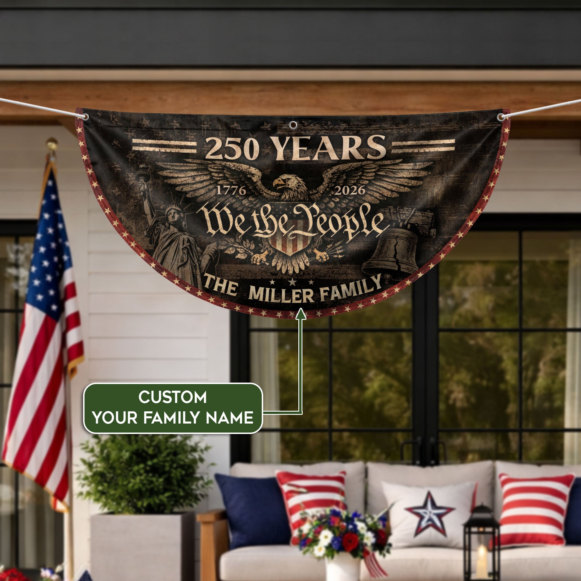 Vintage Eagle Crest Fence Flag Custom Family Name 250 Years Freedom 1776-2026 Patriotic Yard Decor