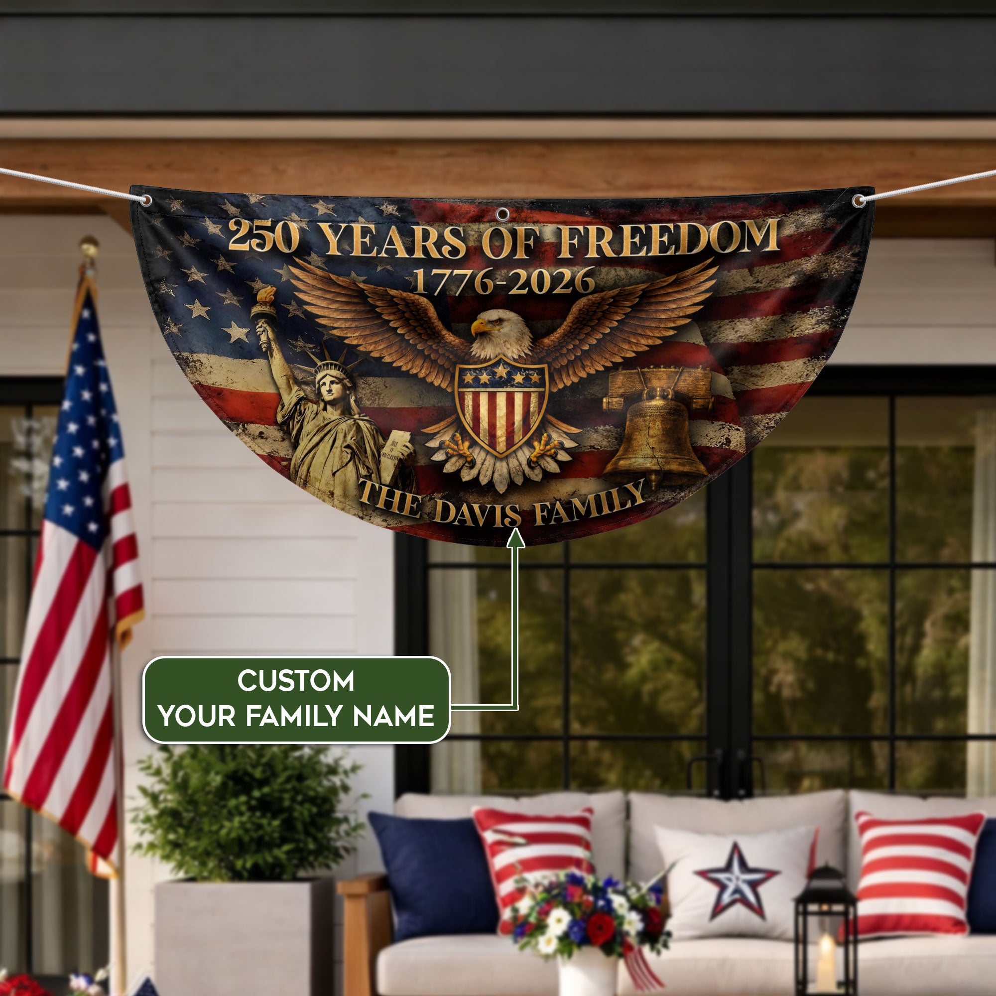 American Eagle Shield Fence Flag Custom Family Name 250 Years of Freedom 1776-2026 Patriotic Yard Decor