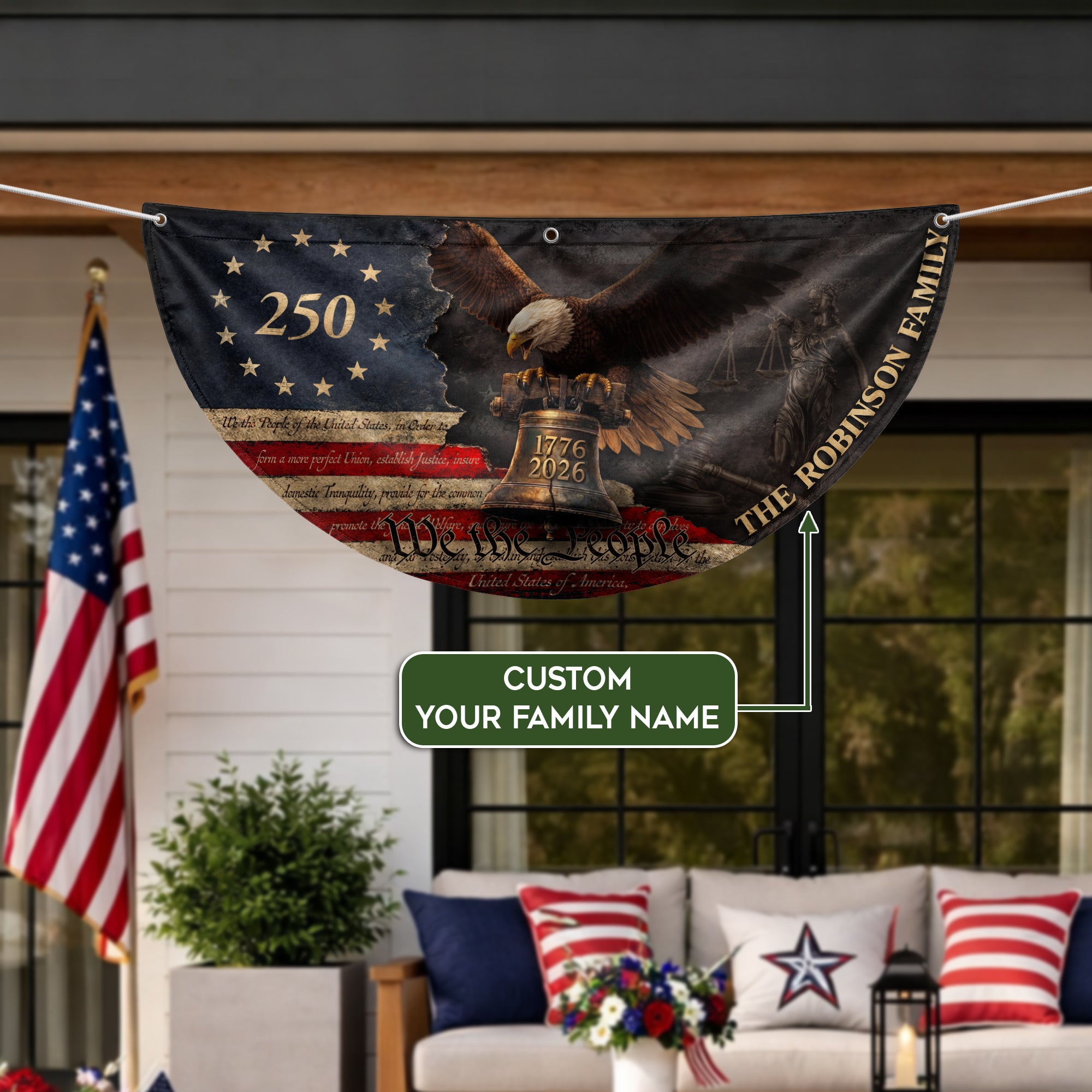 Distressed Eagle Liberty Bell Fence Flag Custom Family Name 250 Years Freedom 1776-2026 Patriotic Decor