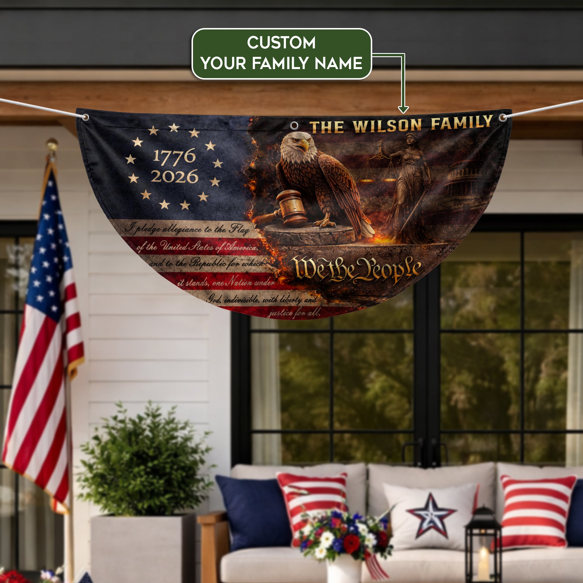 Justice Eagle Gavel Fence Flag Custom Family Name 250 Years Freedom 1776-2026 Patriotic Yard Decor