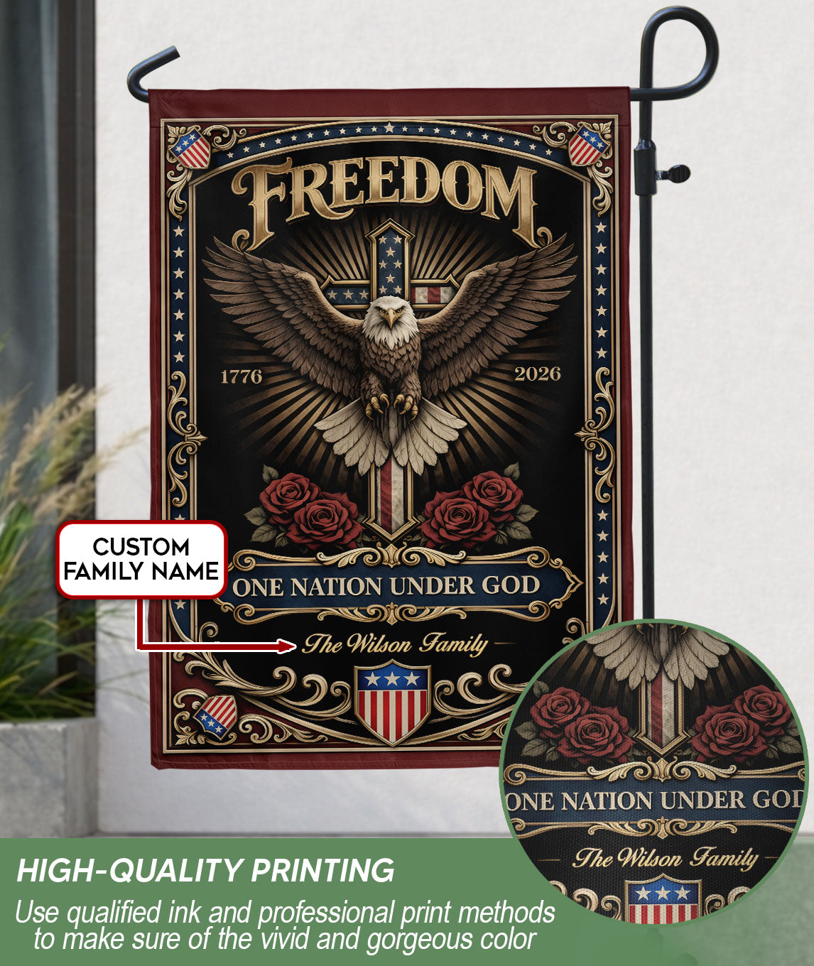 Custom Family Name Garden Flag 250 Years Patriotic Eagle Cross 1776–2026 Freedom Banner