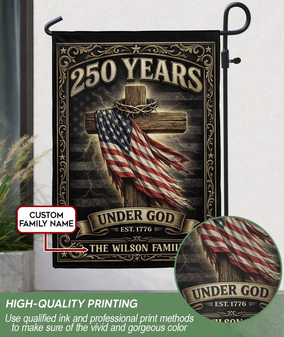 Personalized Family Name Garden Flag 250 Years Under God Cross Patriotic Outdoor Decor