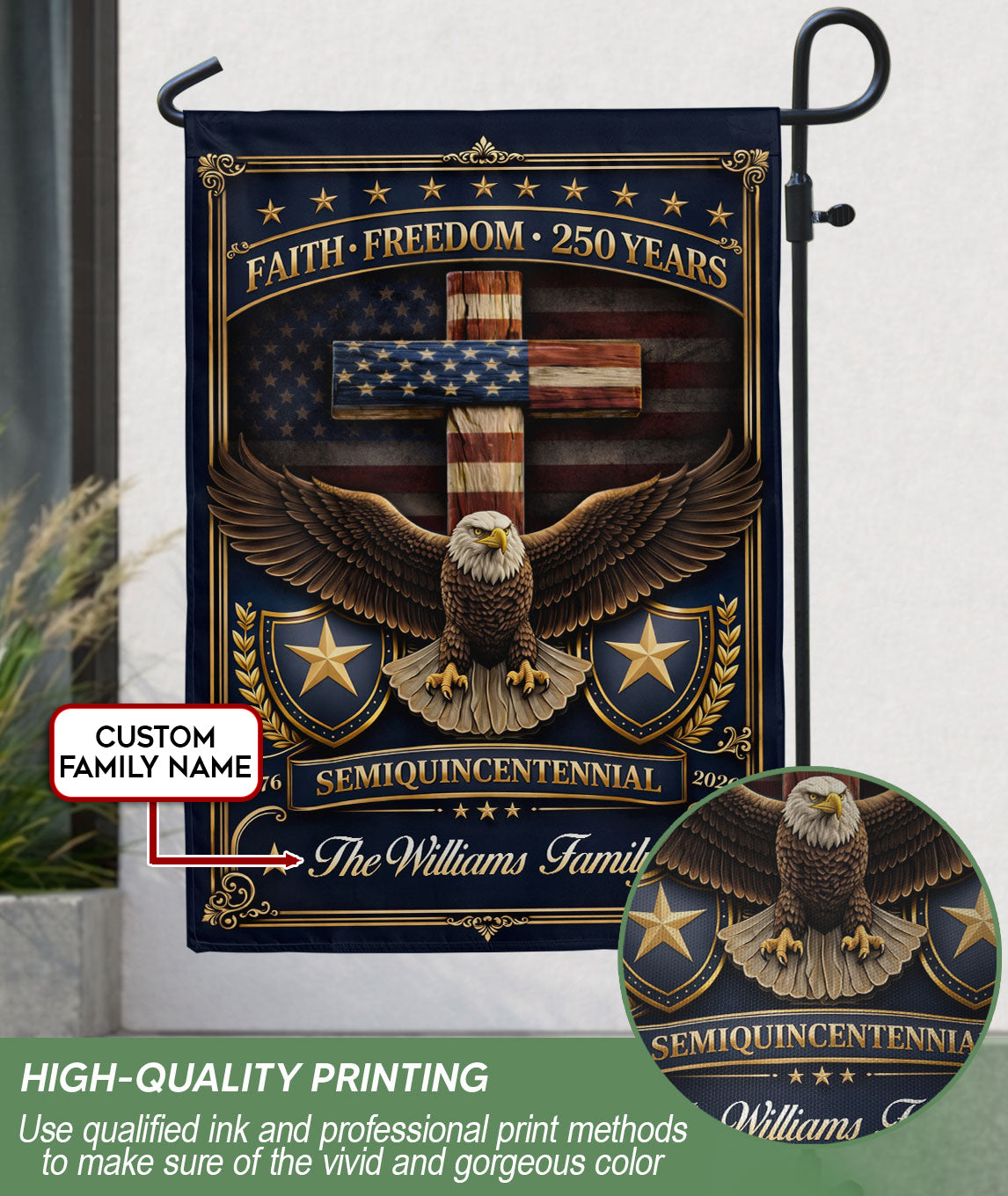 Custom Family Name Garden Flag 250 Years Faith Freedom Eagle Cross 1776–2026 Patriotic Decor