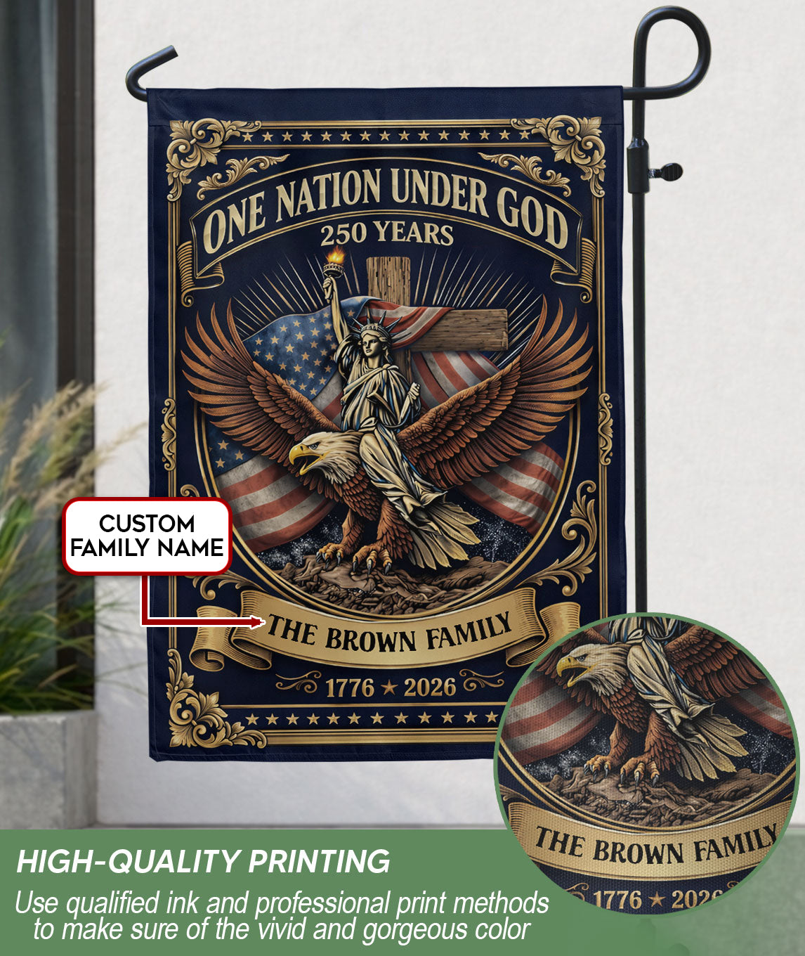 Custom Family Name Garden Flag 250 Years One Nation Under God 1776-2026 Patriotic Decor