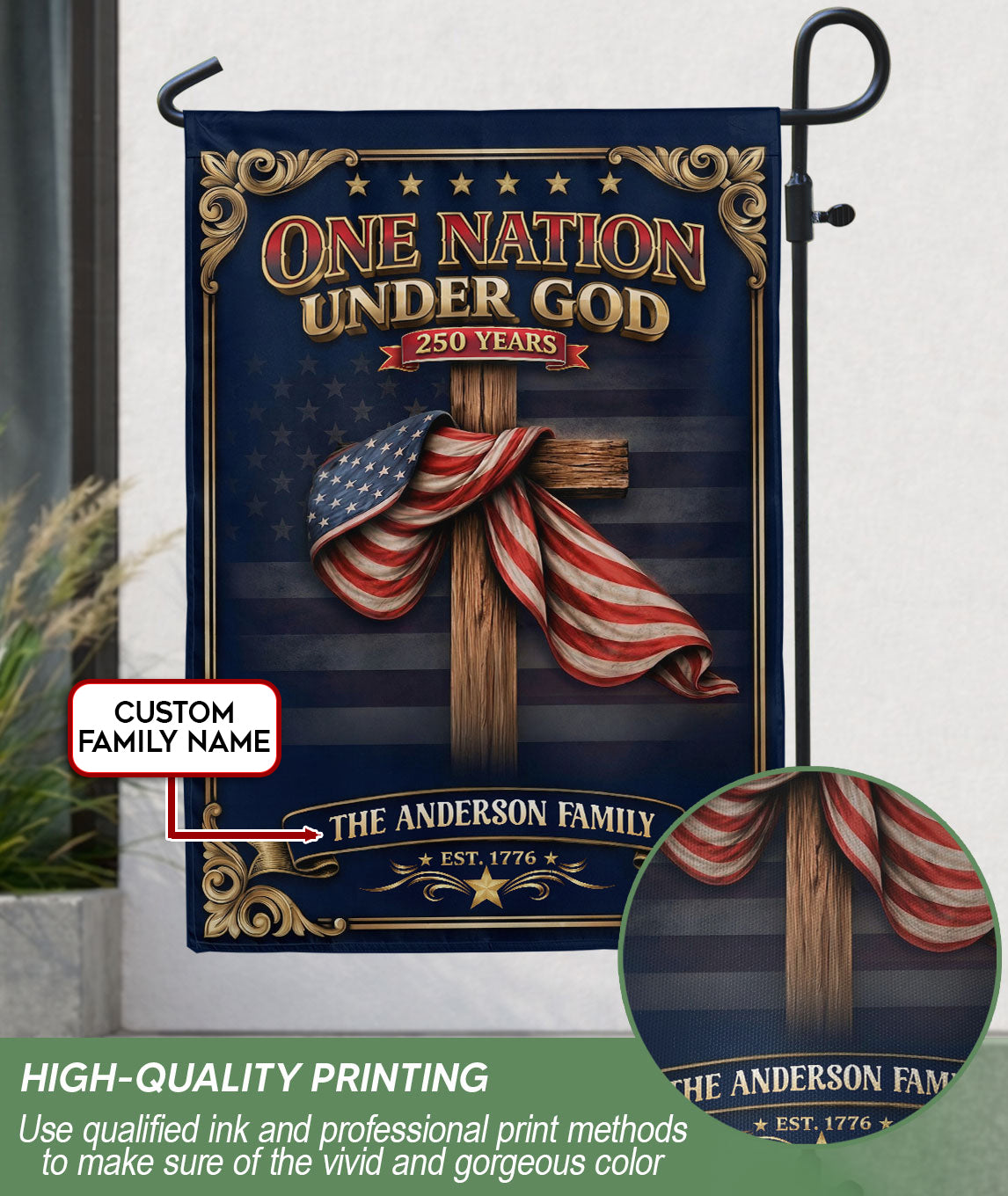 Custom Family Name Garden Flag One Nation Under God 250 Years Patriotic Cross Decor