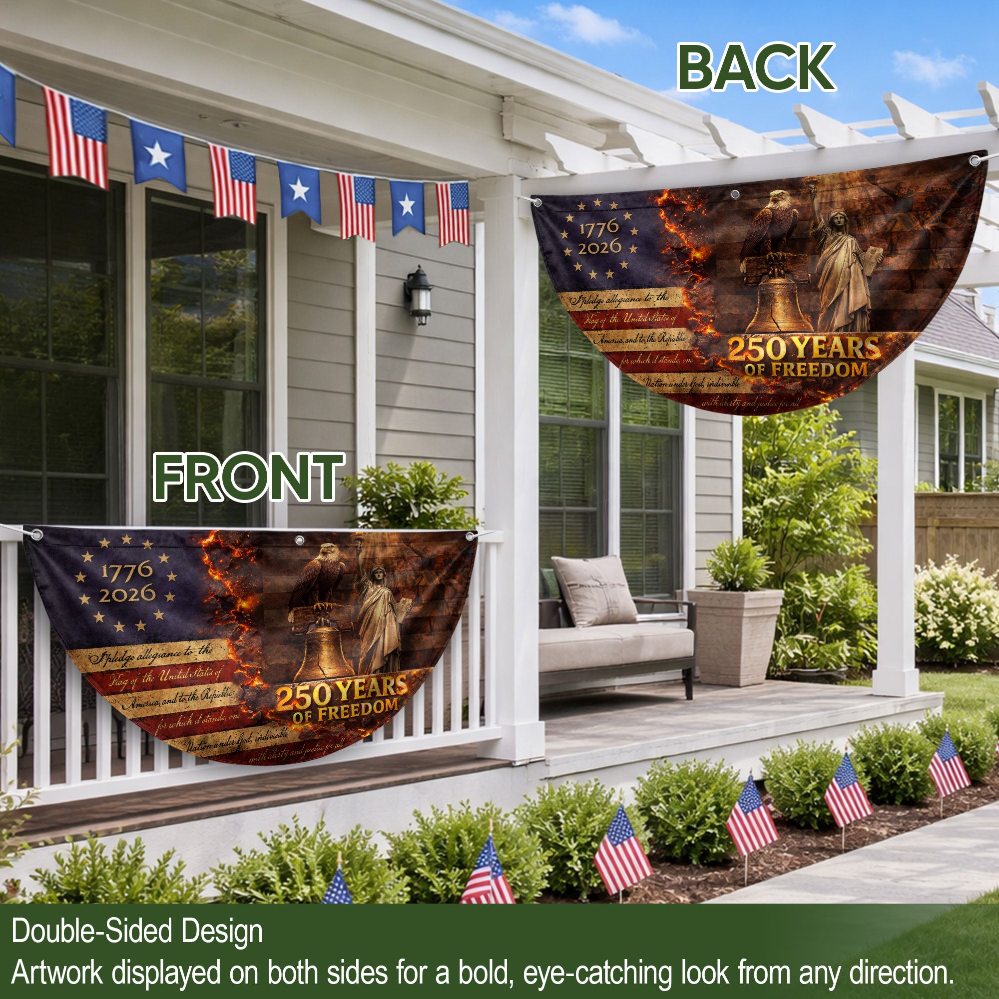 250 Years of Freedom Fence Flag 1776 to 2026 Patriotic Eagle Liberty Bell Statue Outdoor Yard Decor