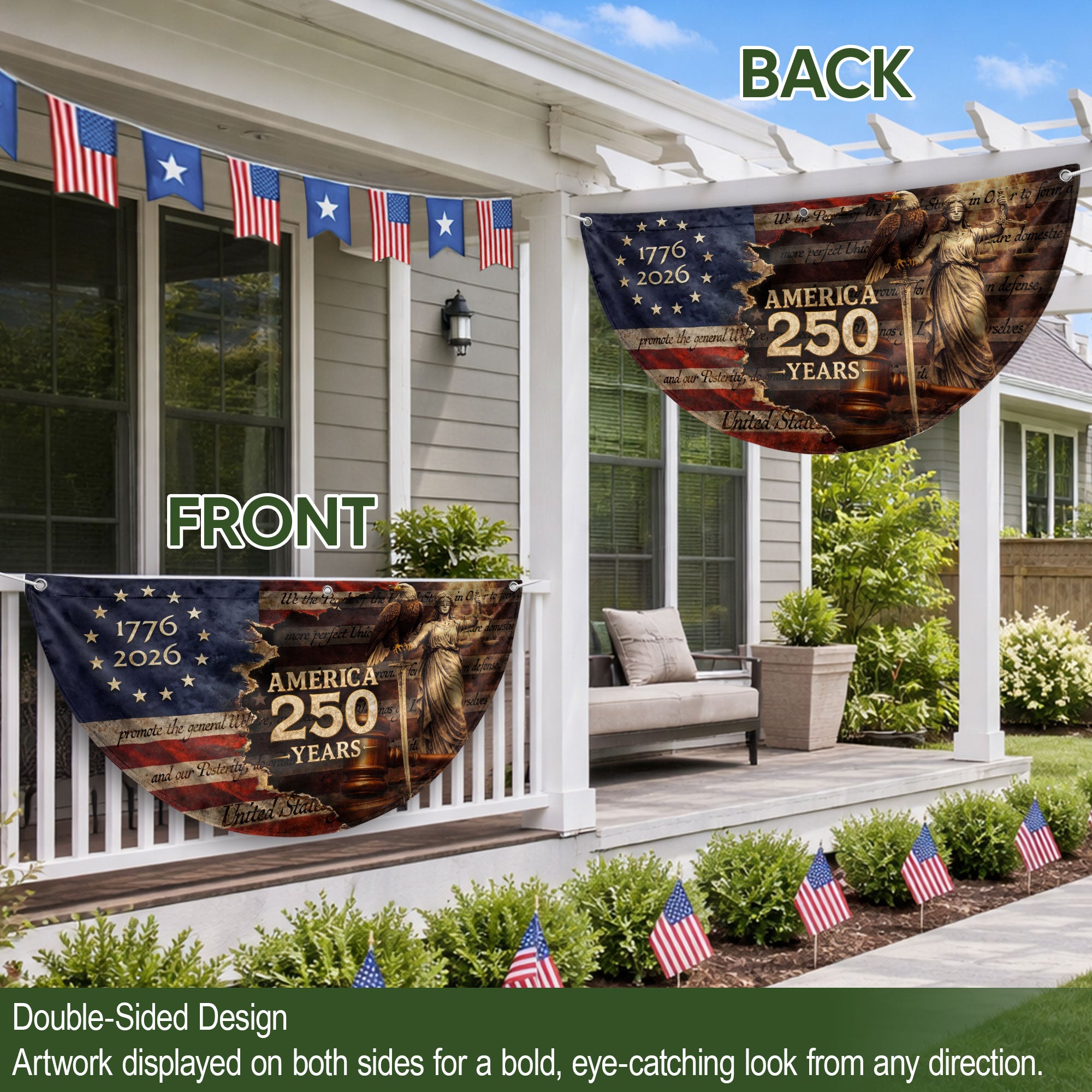 America 250 Years Fence Flag 1776 to 2026 Patriotic Eagle Lady Justice Outdoor Yard Decor