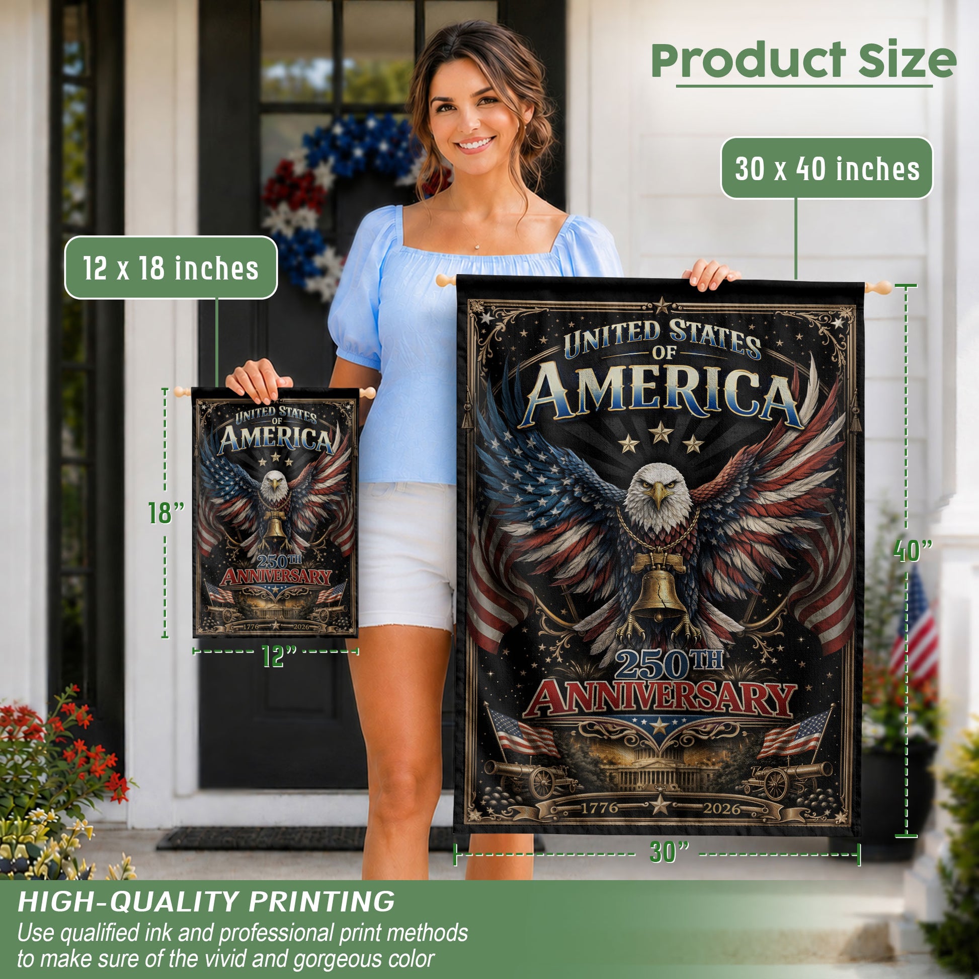 250th Anniversary United States Decorative House Flag - Eagle and Liberty Bell Design - Rust Field Wear