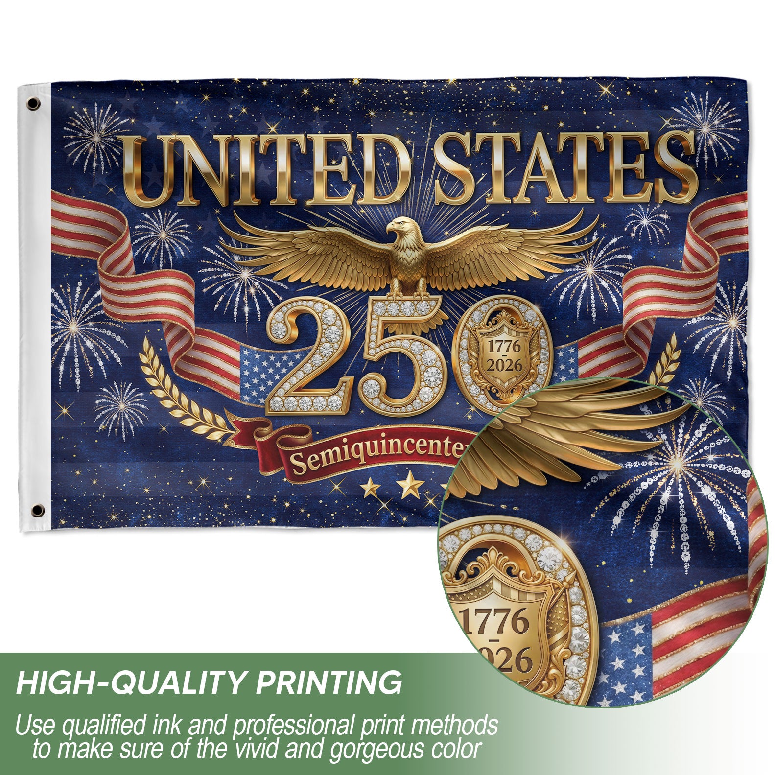 Gold Eagle Fireworks Patriotic American Luxury Banner Flag US 1776 2026 Anniversary 3x5ft