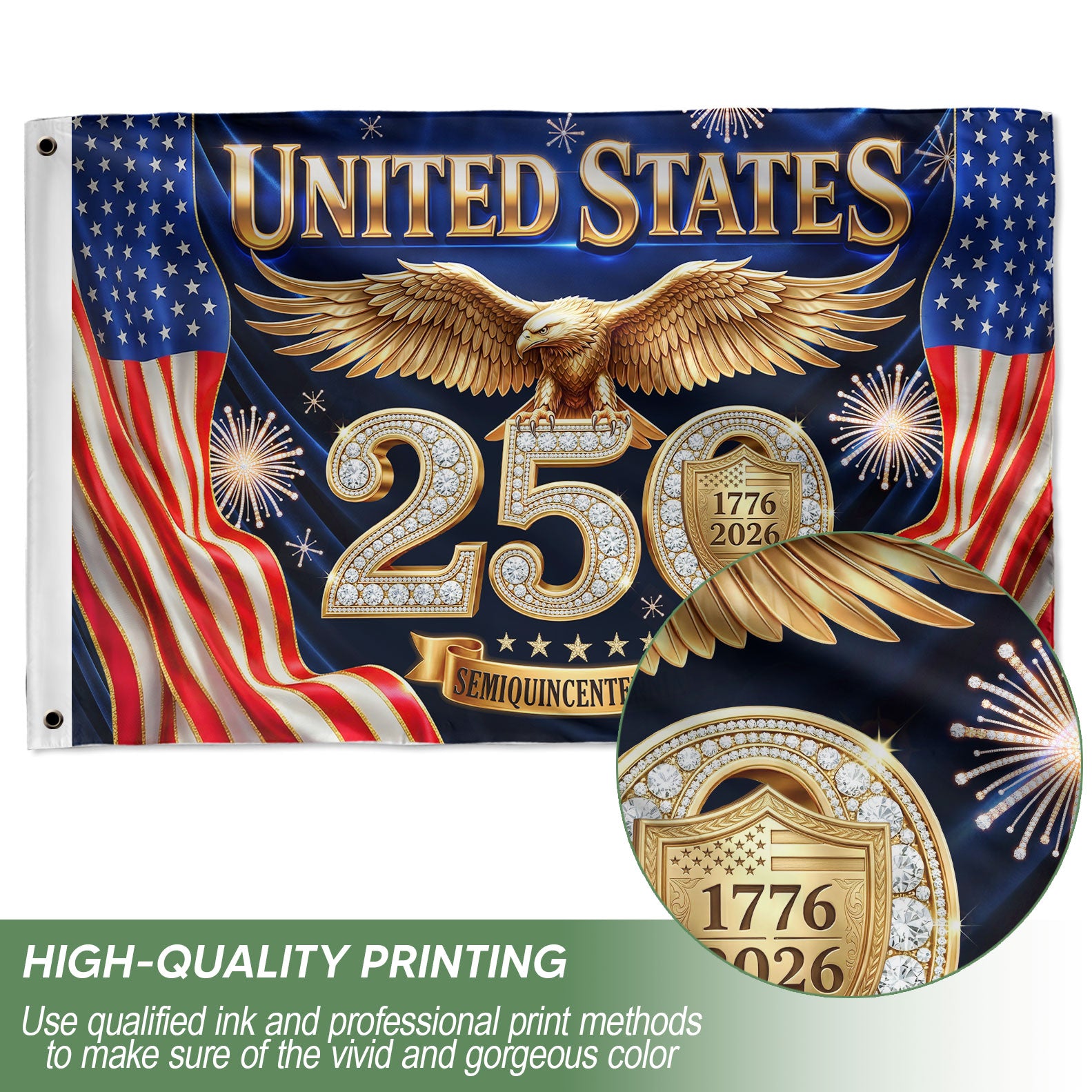 American Flag Stripes Gold Eagle Luxury Patriotic Banner US 1776 2026 Anniversary 3x5ft