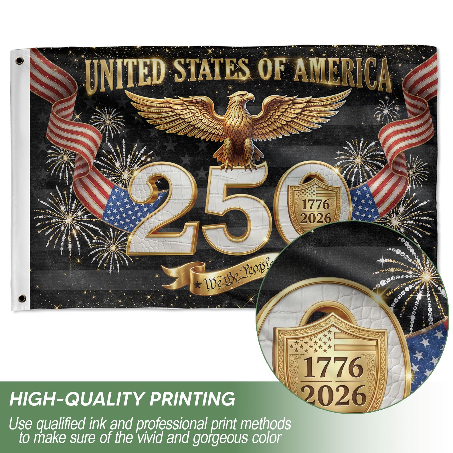 Gold Eagle Fireworks We The People Patriotic American Banner Flag US 1776 2026 Party 3x5ft