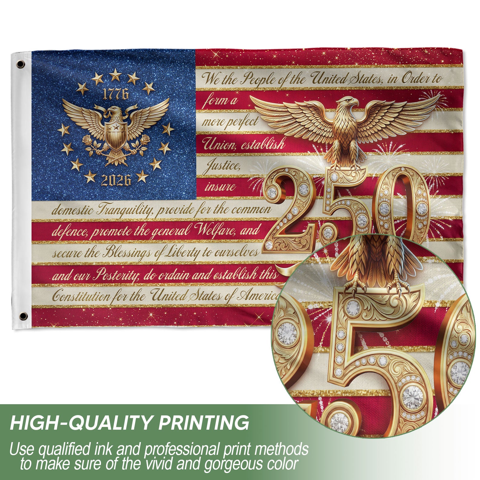 USA 250 Years Patriotic Flag - Golden Eagle & Diamond Constitution Banner 1776-2026