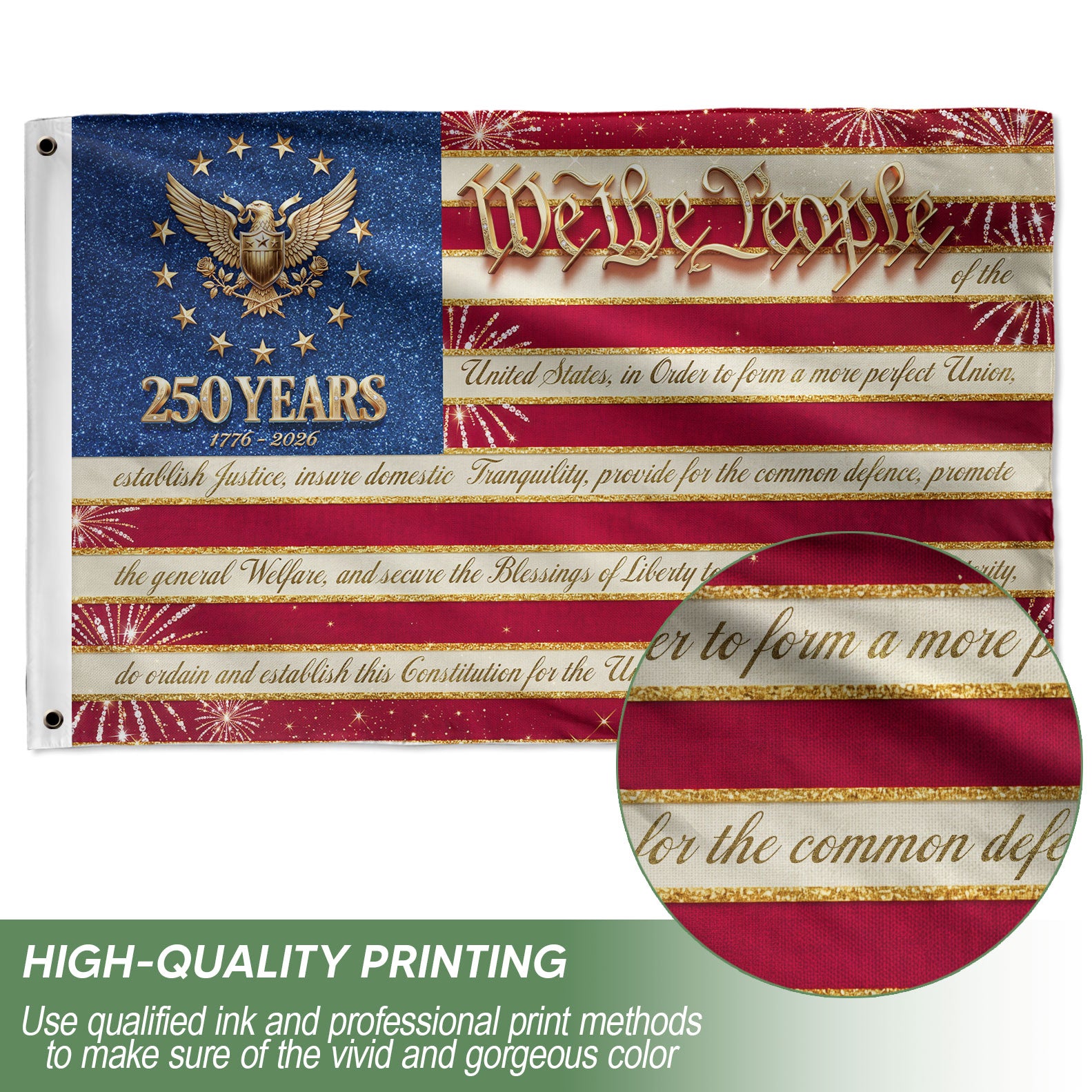 Constitution Preamble Glitter Eagle Patriotic American Banner Flag US 1776 2026 3x5ft