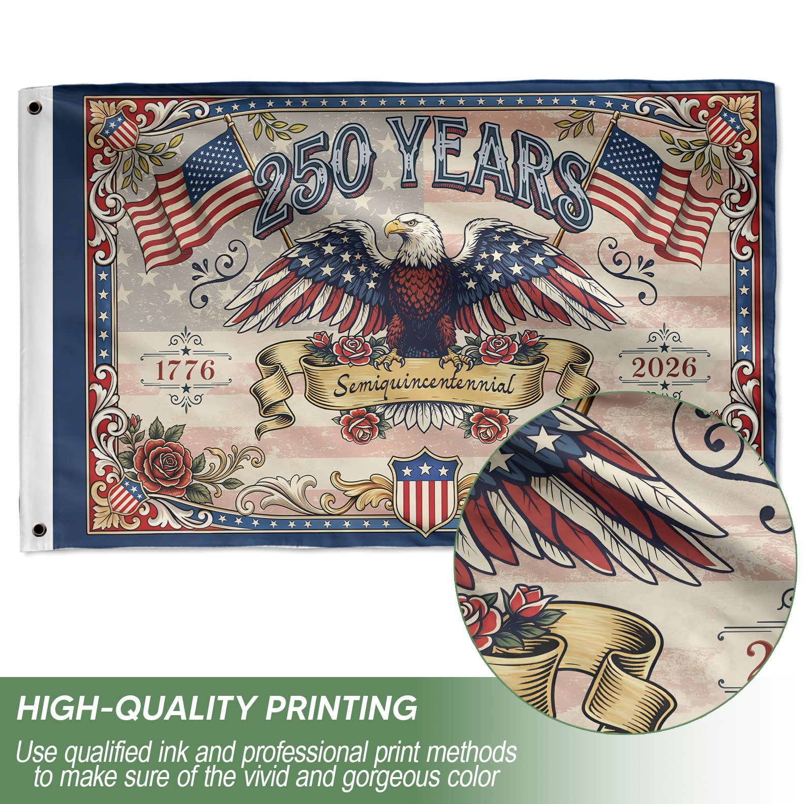 USA 250 Years Commemorative Flag - Vintage Eagle and Roses Patriotic Outdoor Banner