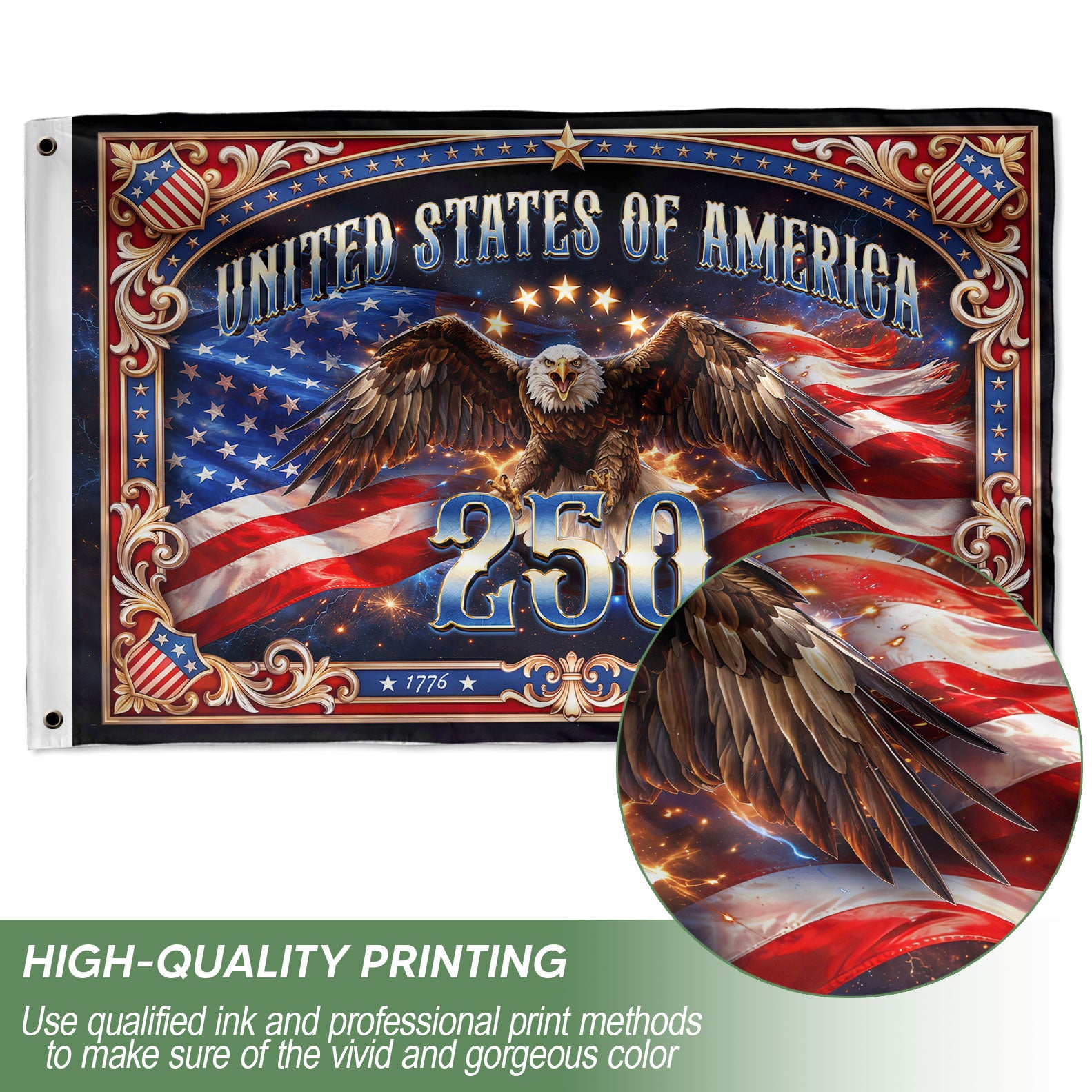 USA 250 Years Patriotic Flag - Majestic Bald Eagle & Stars Outdoor Banner 1776-2026