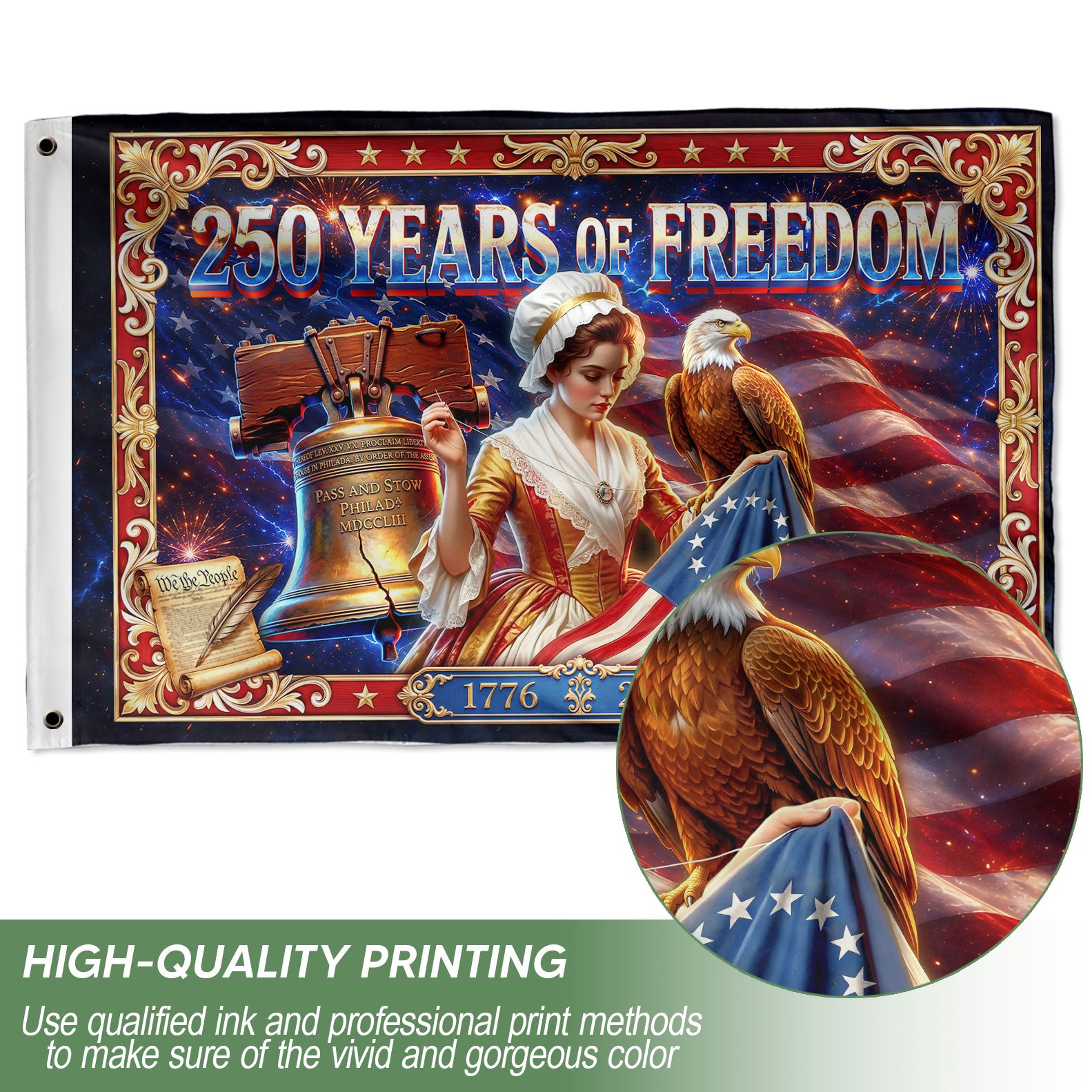 USA 250 Years of Freedom Flag - Betsy Ross & Liberty Bell Patriotic Banner 1776-2026