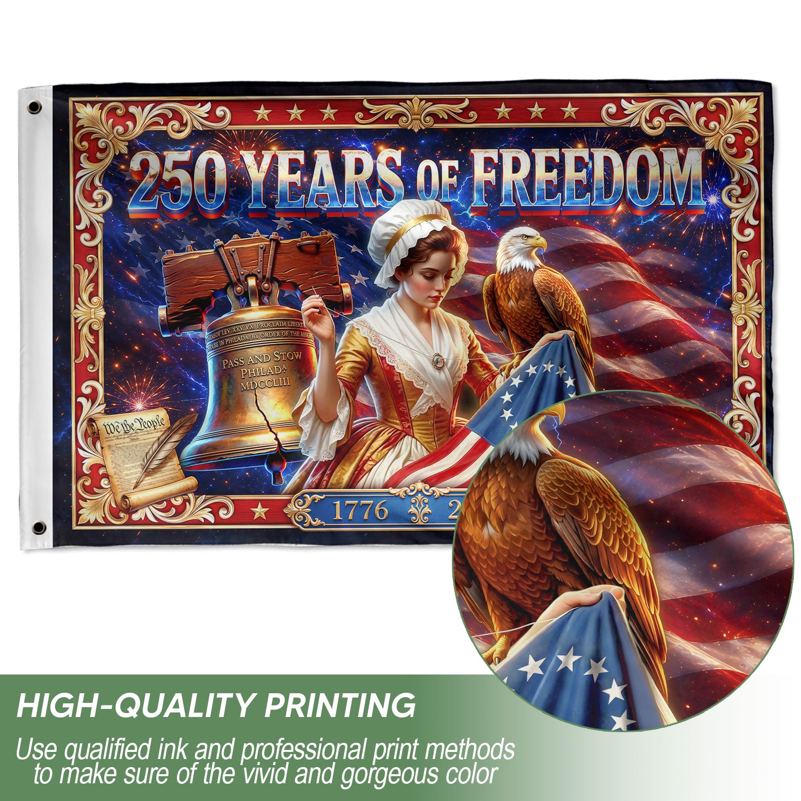 USA 250 Years of Freedom Flag - Betsy Ross & Liberty Bell Patriotic Banner 1776-2026