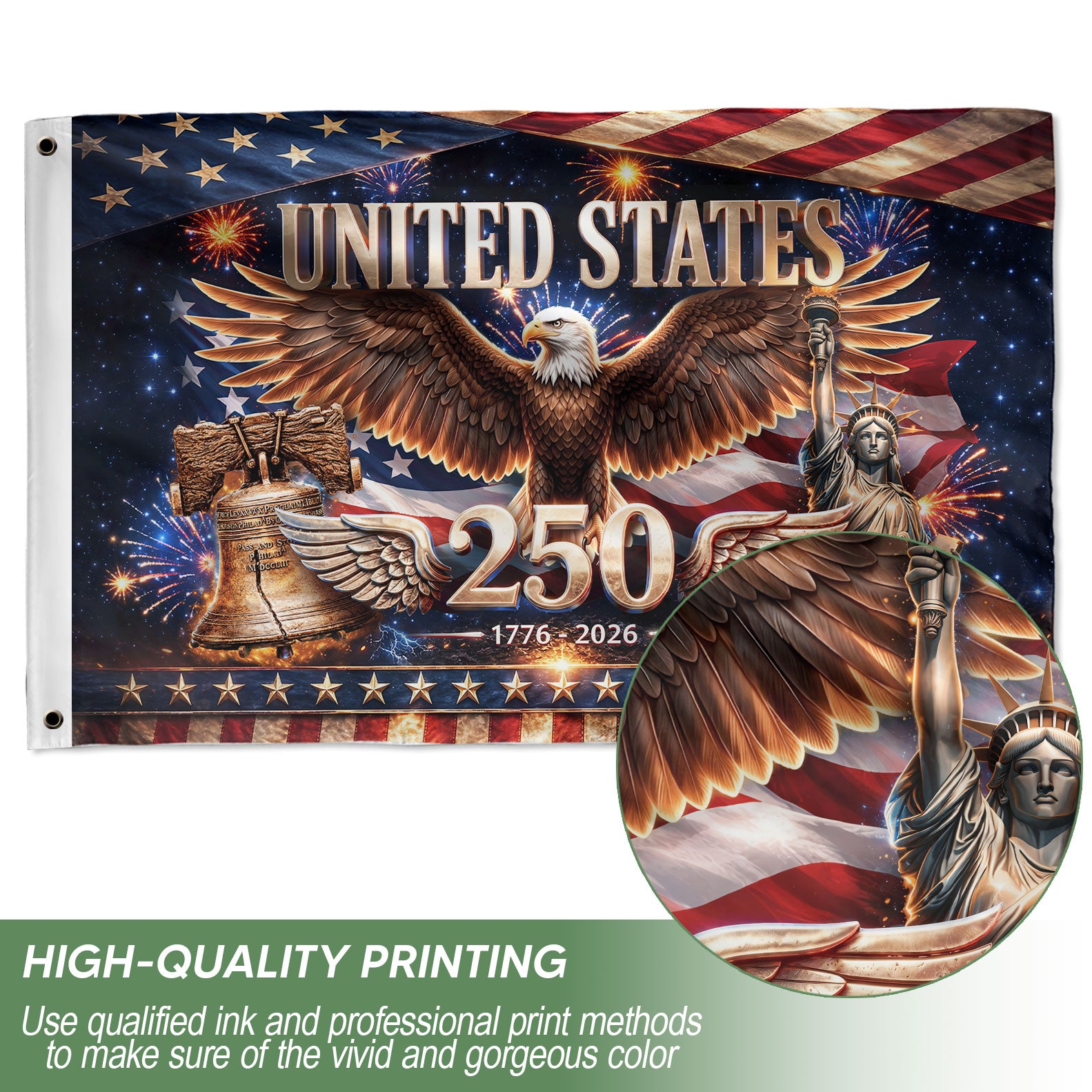 United States 250 Years Flag - Iconic Liberty Bell & Statue of Liberty Patriotic Banner