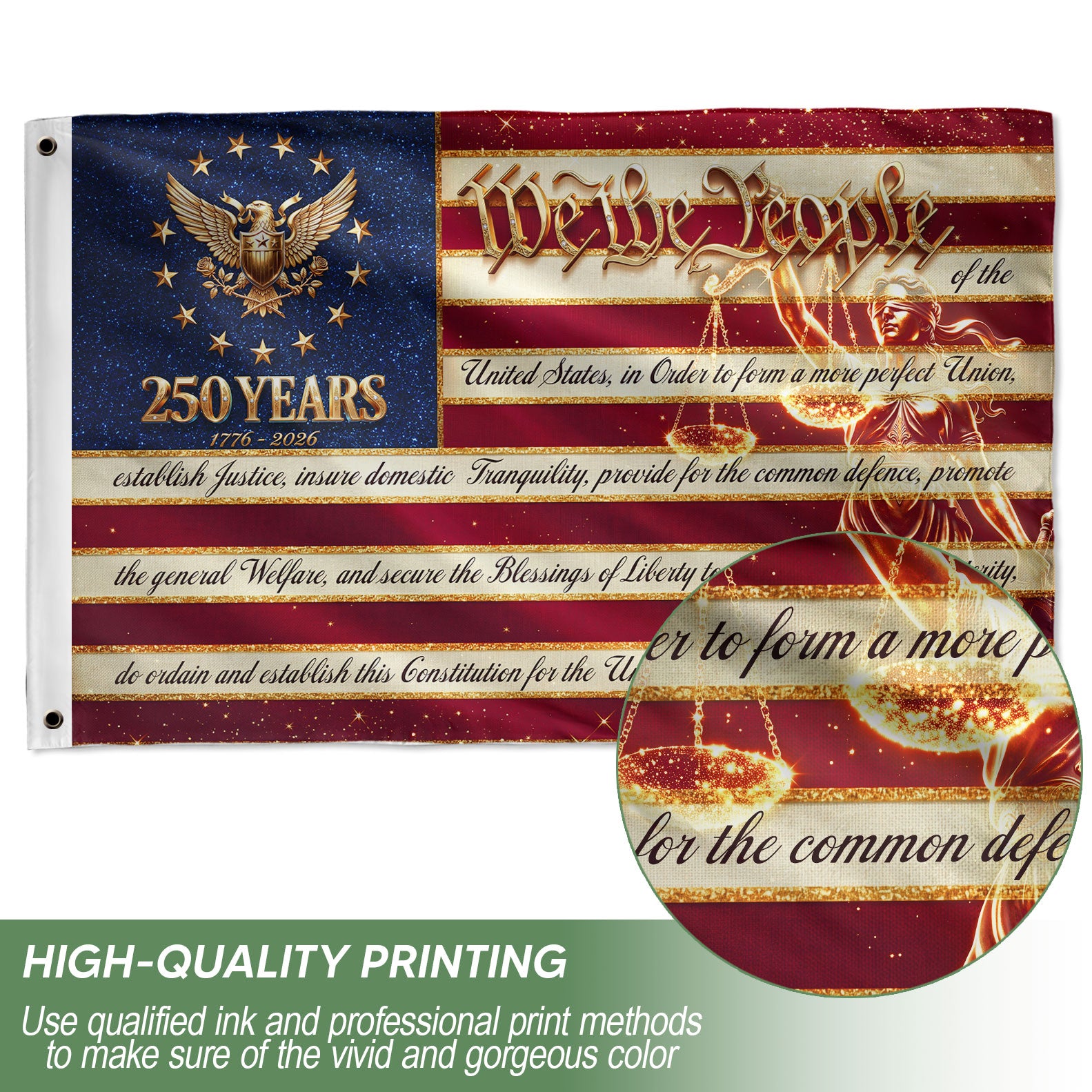 250 Years 1776-2026 American Flag We The People Constitution Preamble Lady Justice Banner