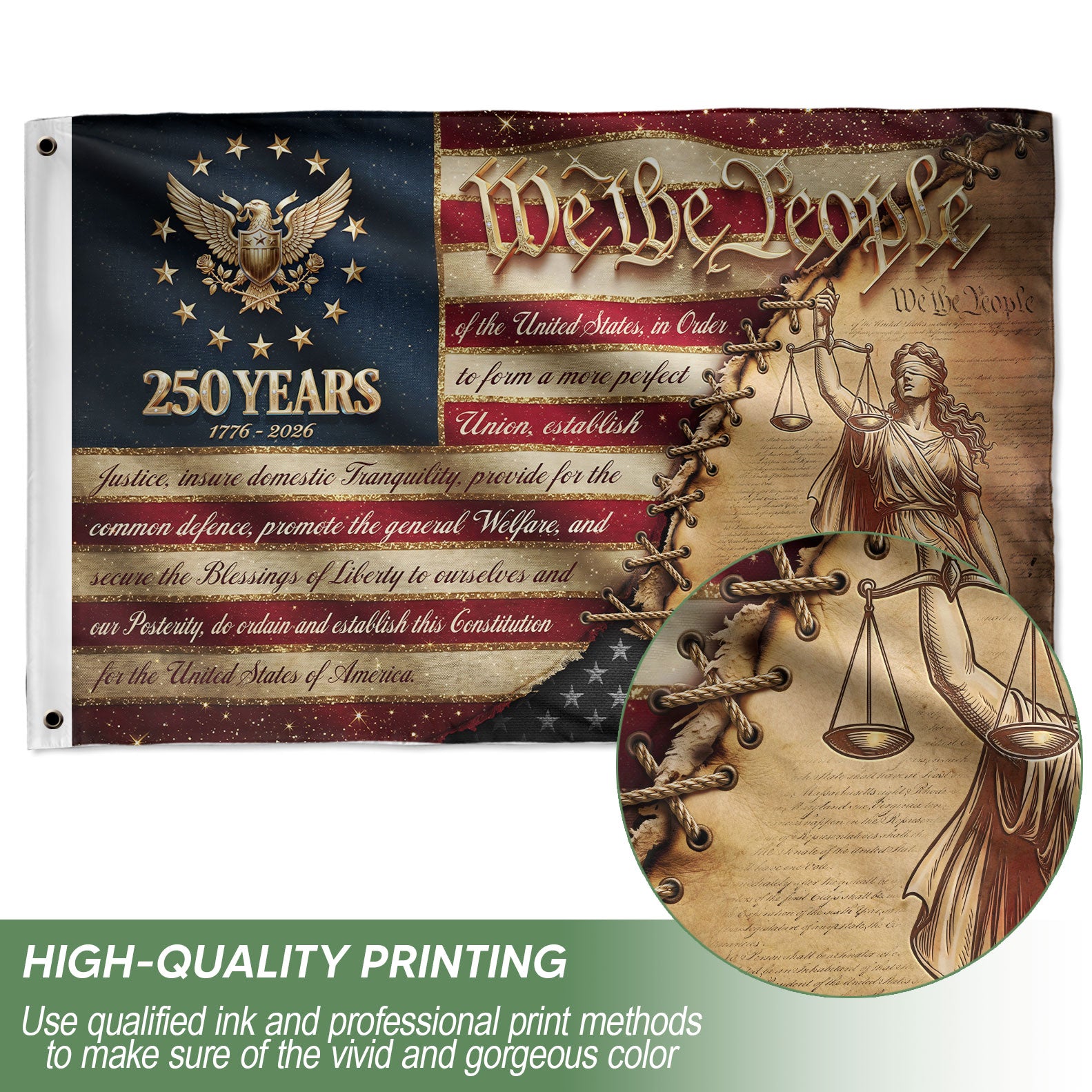250 Years 1776-2026 Flag We The People Preamble Constitution Lady Justice Patriotic Banner