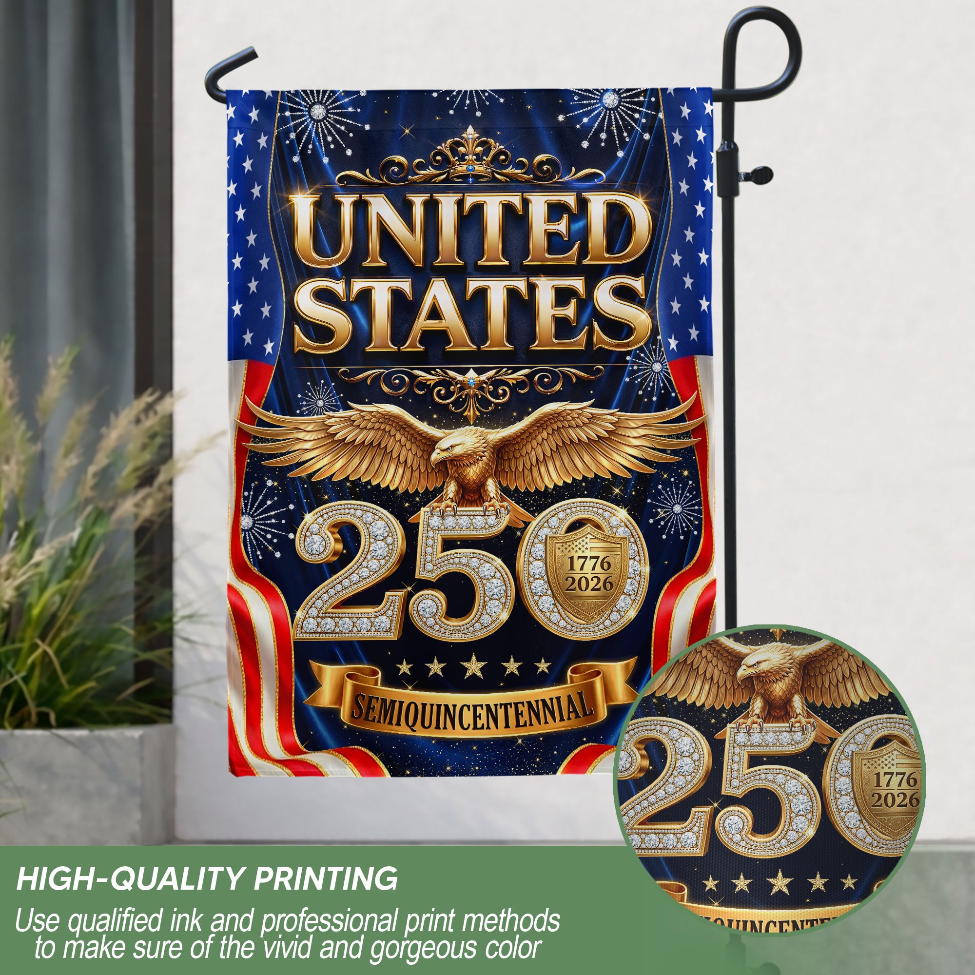USA 250th Anniversary Garden Flag - Golden Eagle & Diamonds Patriotic Decor 1776-2026