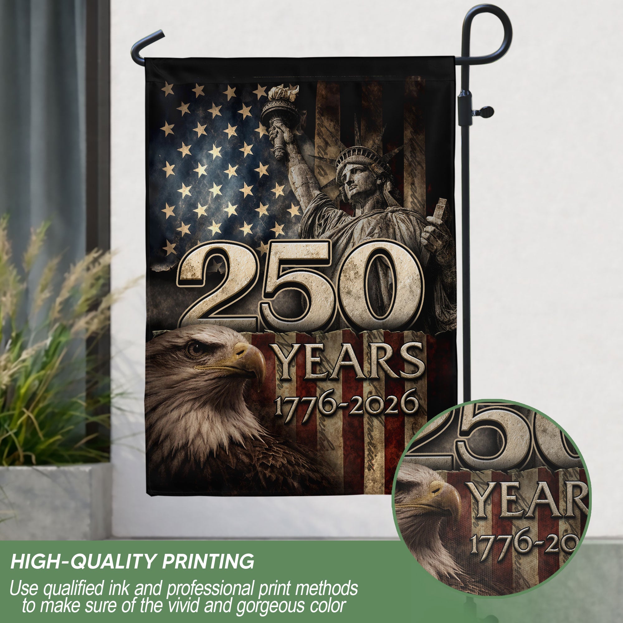 1776-2026 Anniversary House Flag 250 Years of Liberty Statue & Bald Eagle Banner