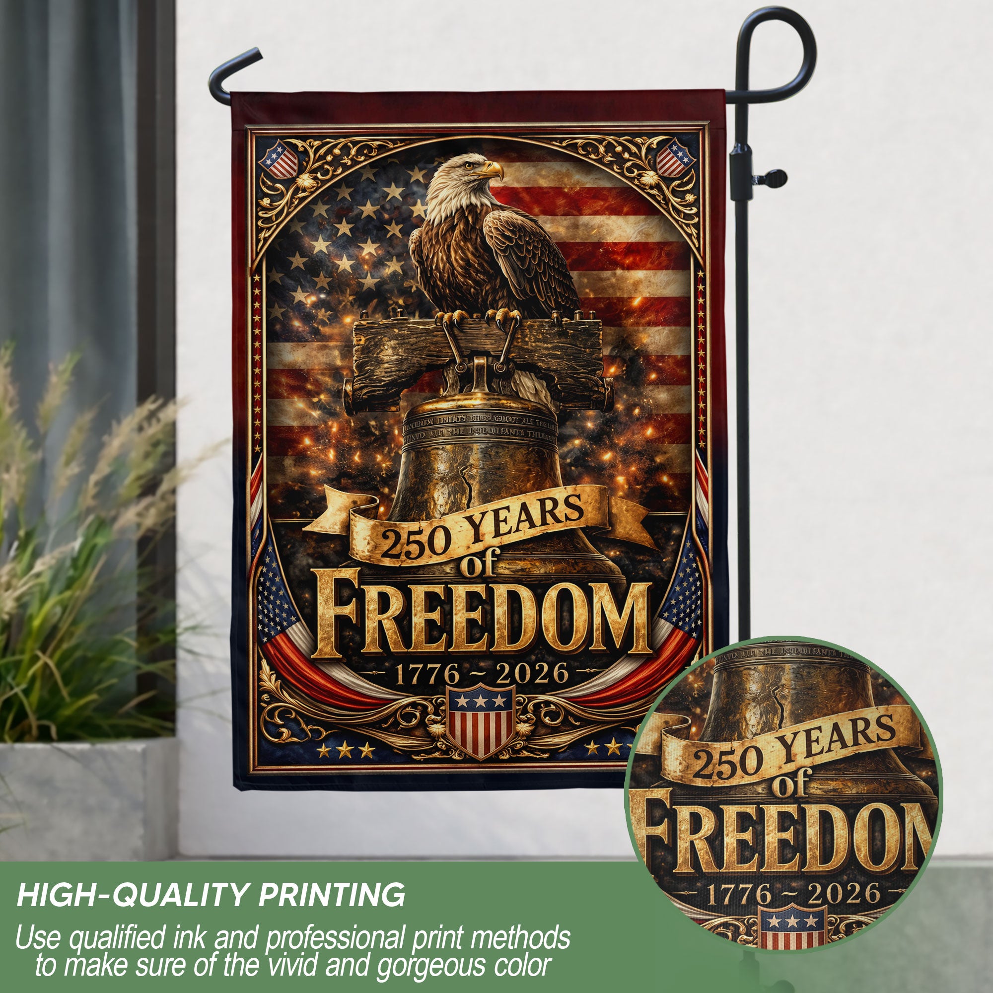 250 Years of Freedom House Flag 1776-2026 Liberty Bell & Eagle Patriotic Banner