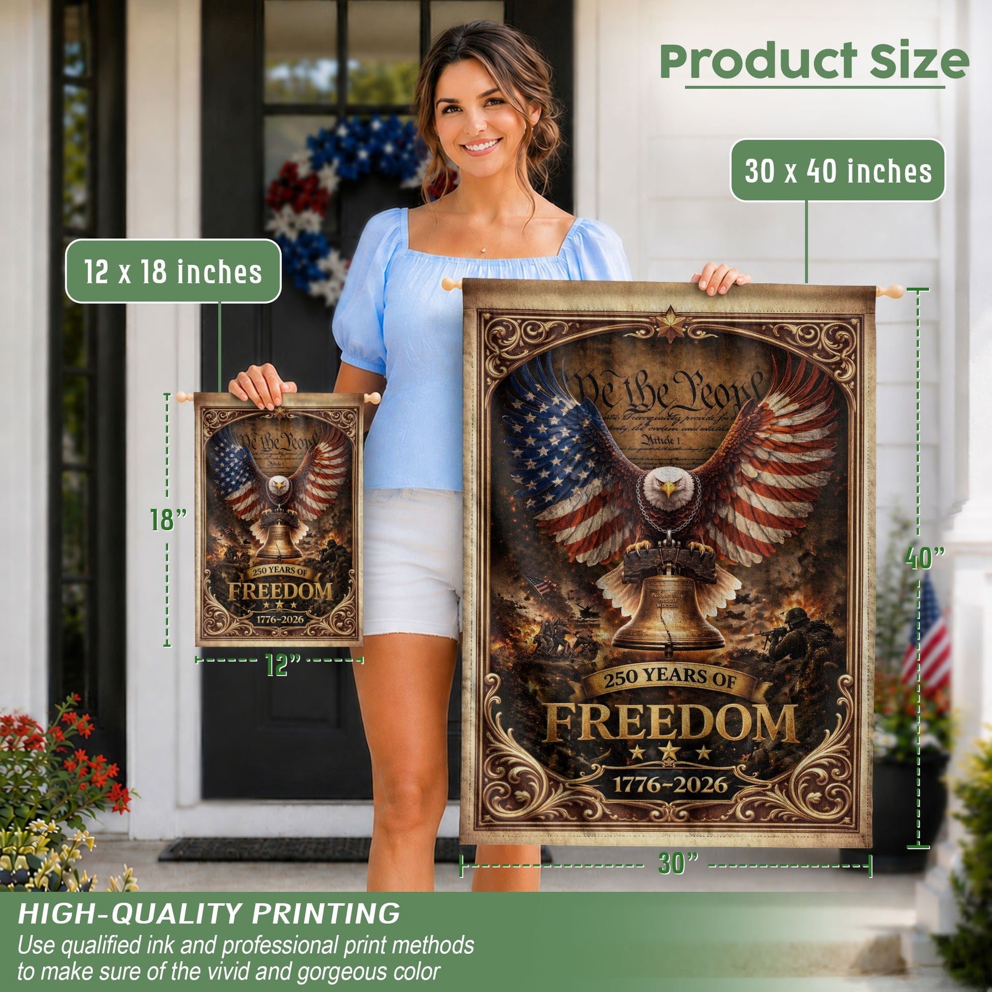 USA 250 Years of Freedom House Flag - Patriotic Eagle & Liberty Bell Outdoor Banner - Rust Field Wear
