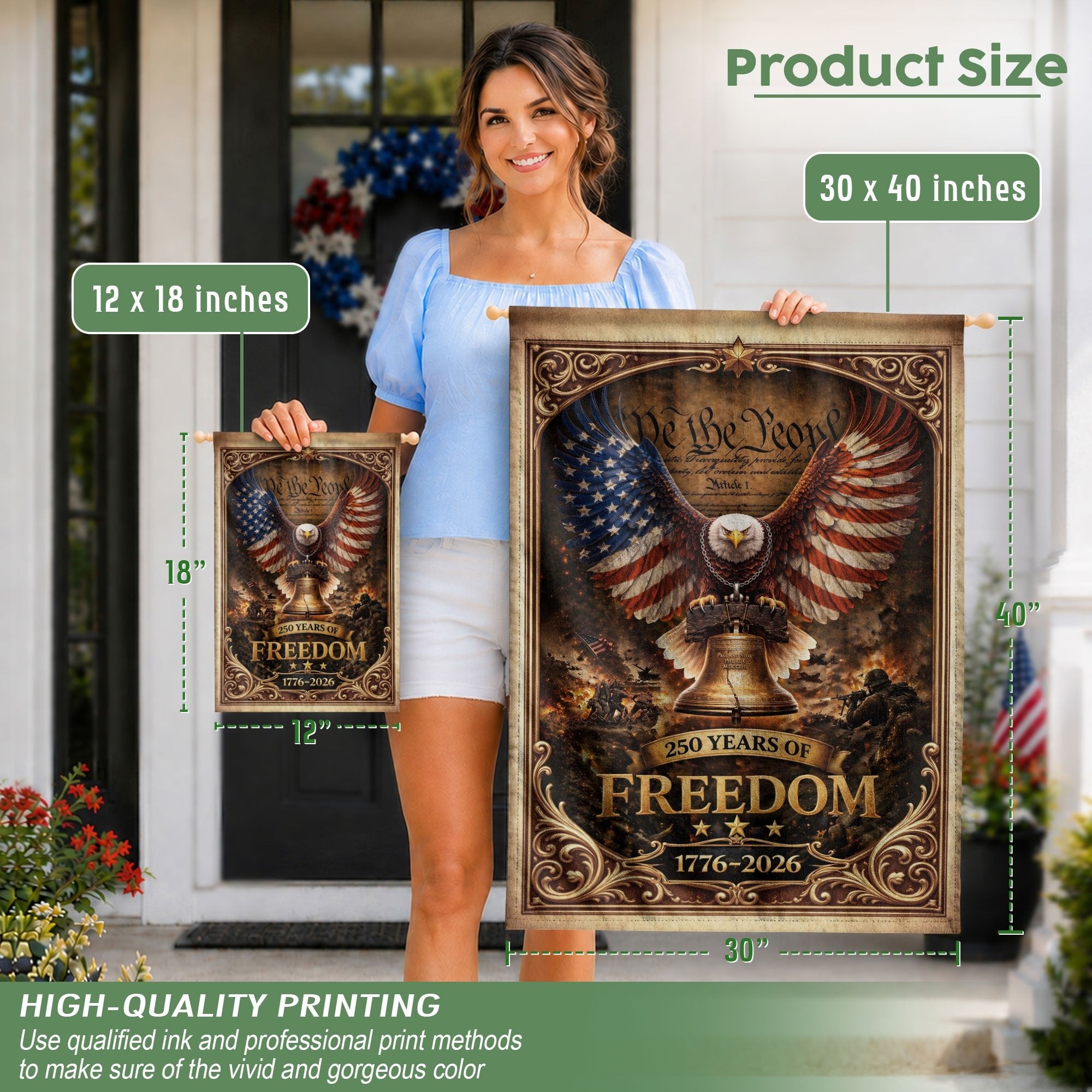 USA 250 Years of Freedom House Flag - Patriotic Eagle & Liberty Bell Outdoor Banner - Rust Field Wear