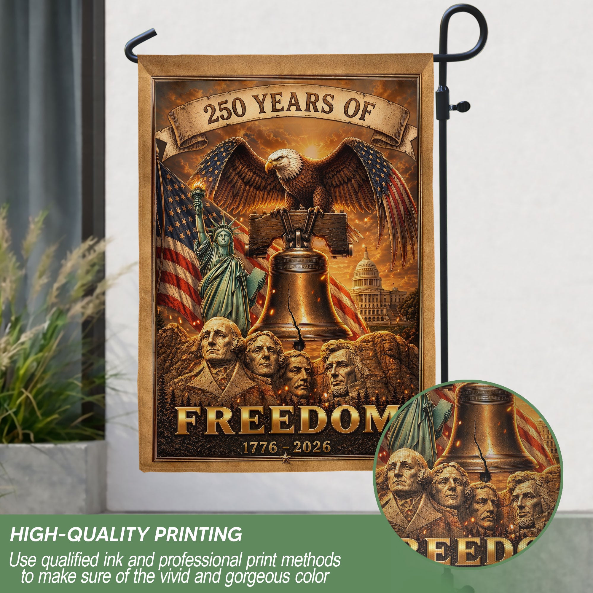 USA 250 Years of Freedom House Flag - Mt. Rushmore & Liberty Icons Patriotic Banner