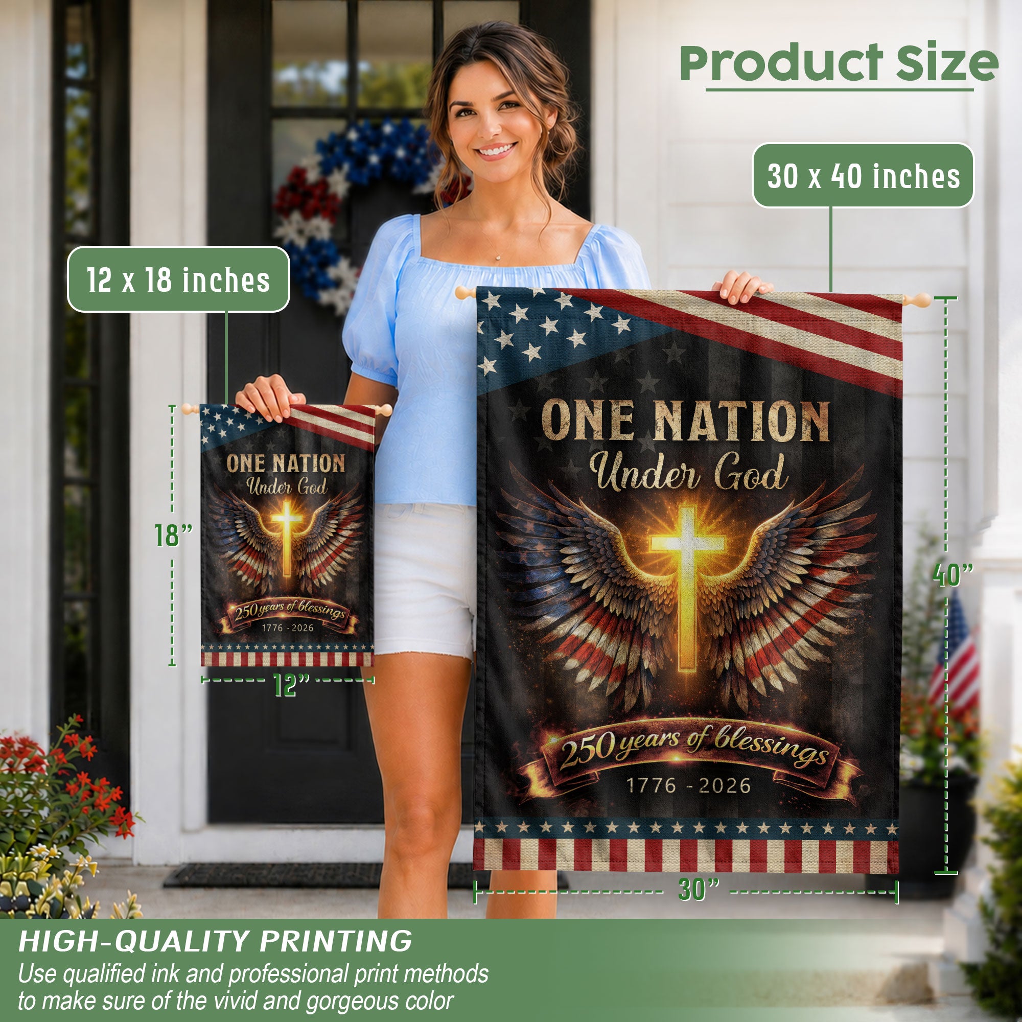 250th Anniversary House Flag One Nation Under God Cross Patriotic Banner 1776-2026 - Rust Field Wear