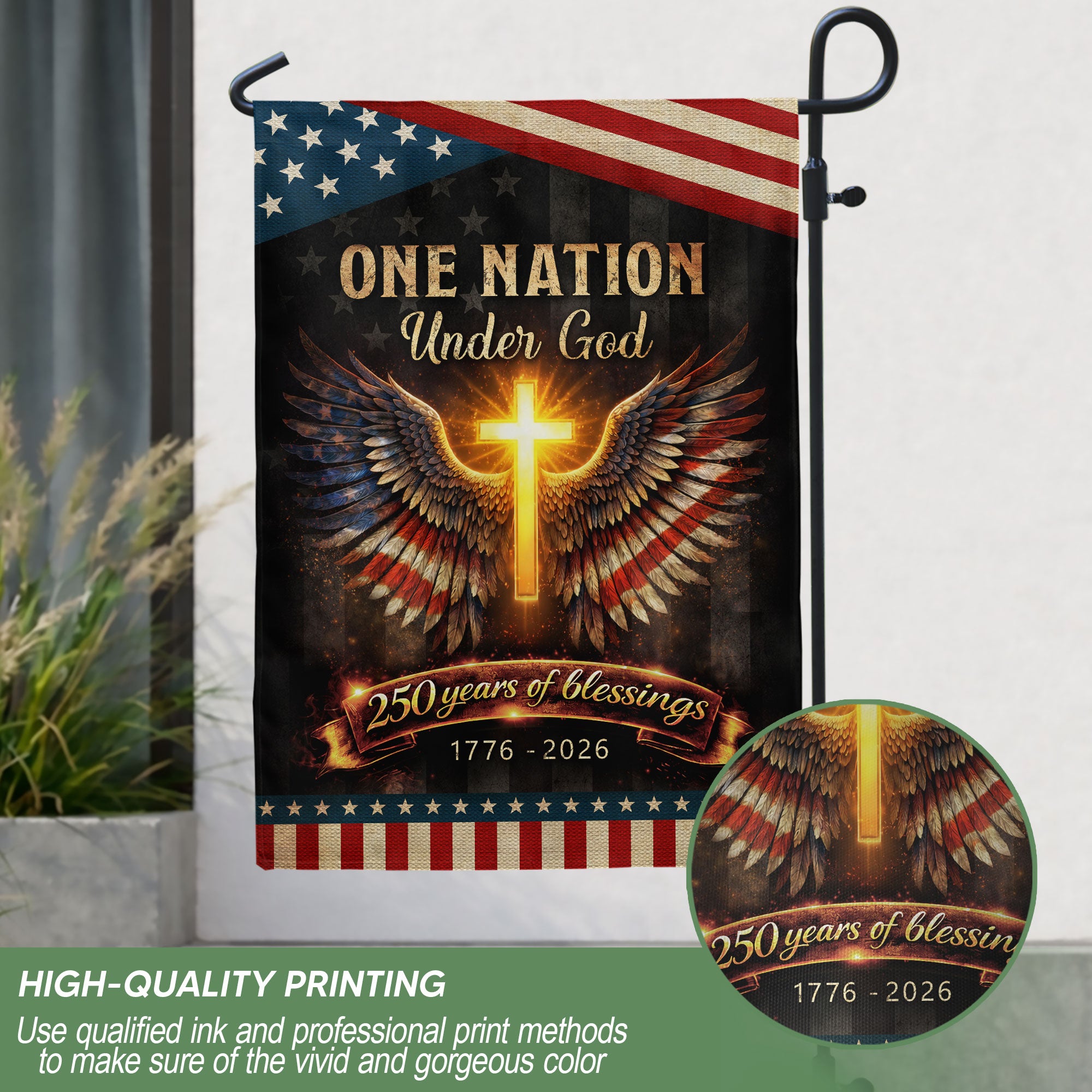 250 Years Garden Flag One Nation Under God Cross Wings Patriotic Decor 1776-2026