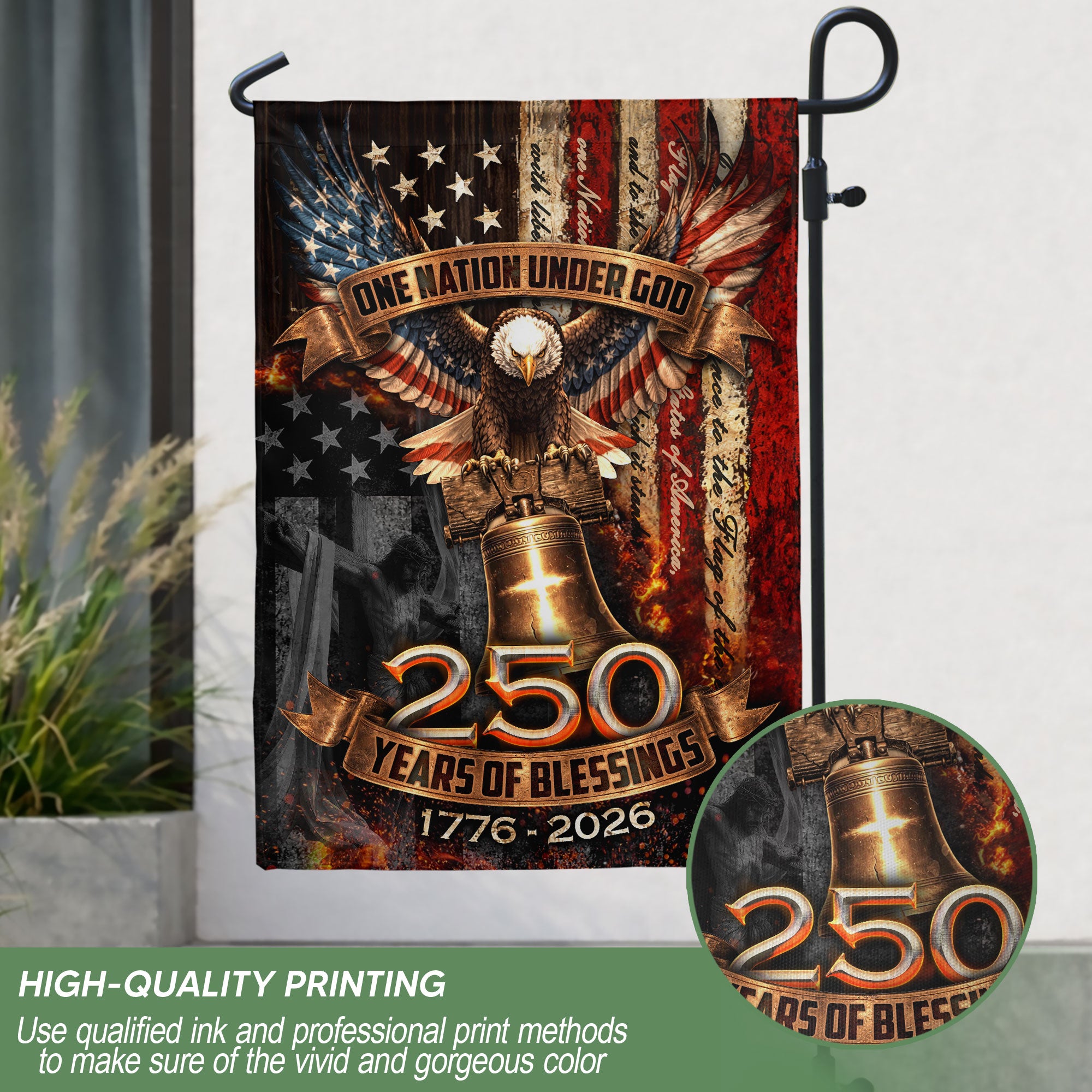 250 Years Garden Flag Eagle Liberty Bell Cross One Nation Under God Decor 1776-2026