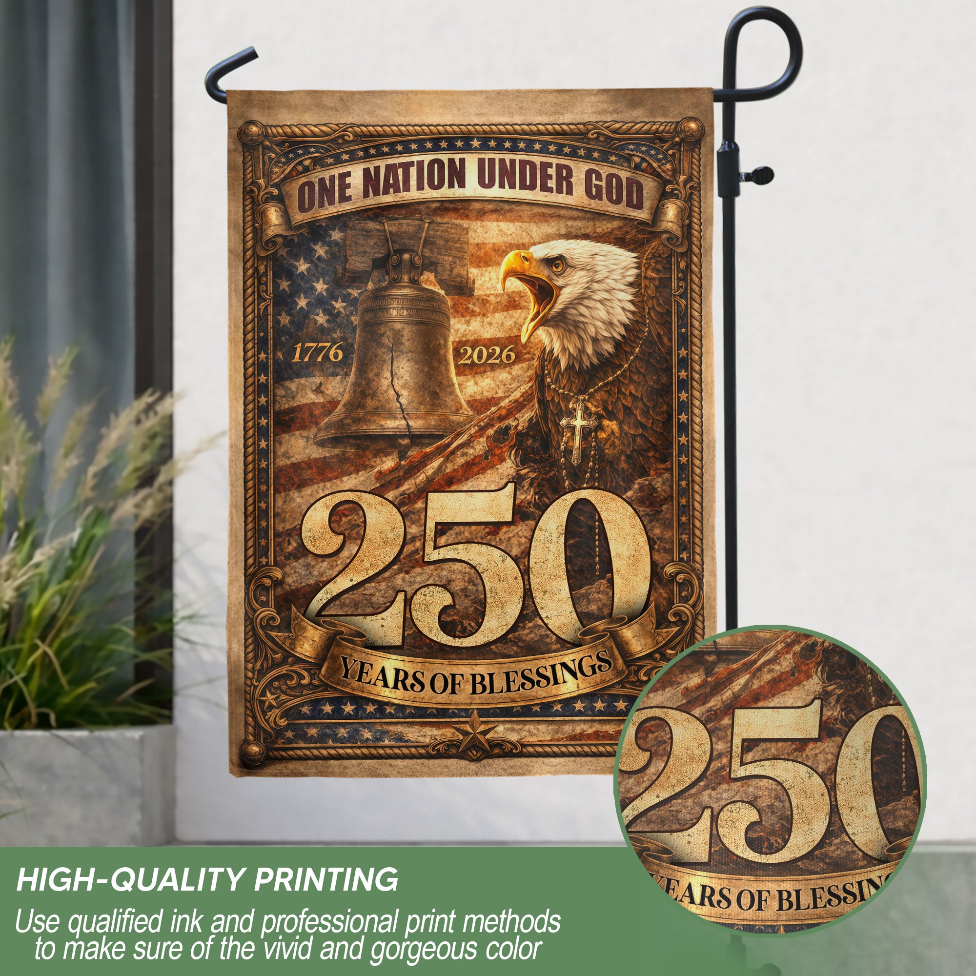 250 Years Liberty Bell House Flag 1776-2026 Patriotic Christian Outdoor Banner Decor