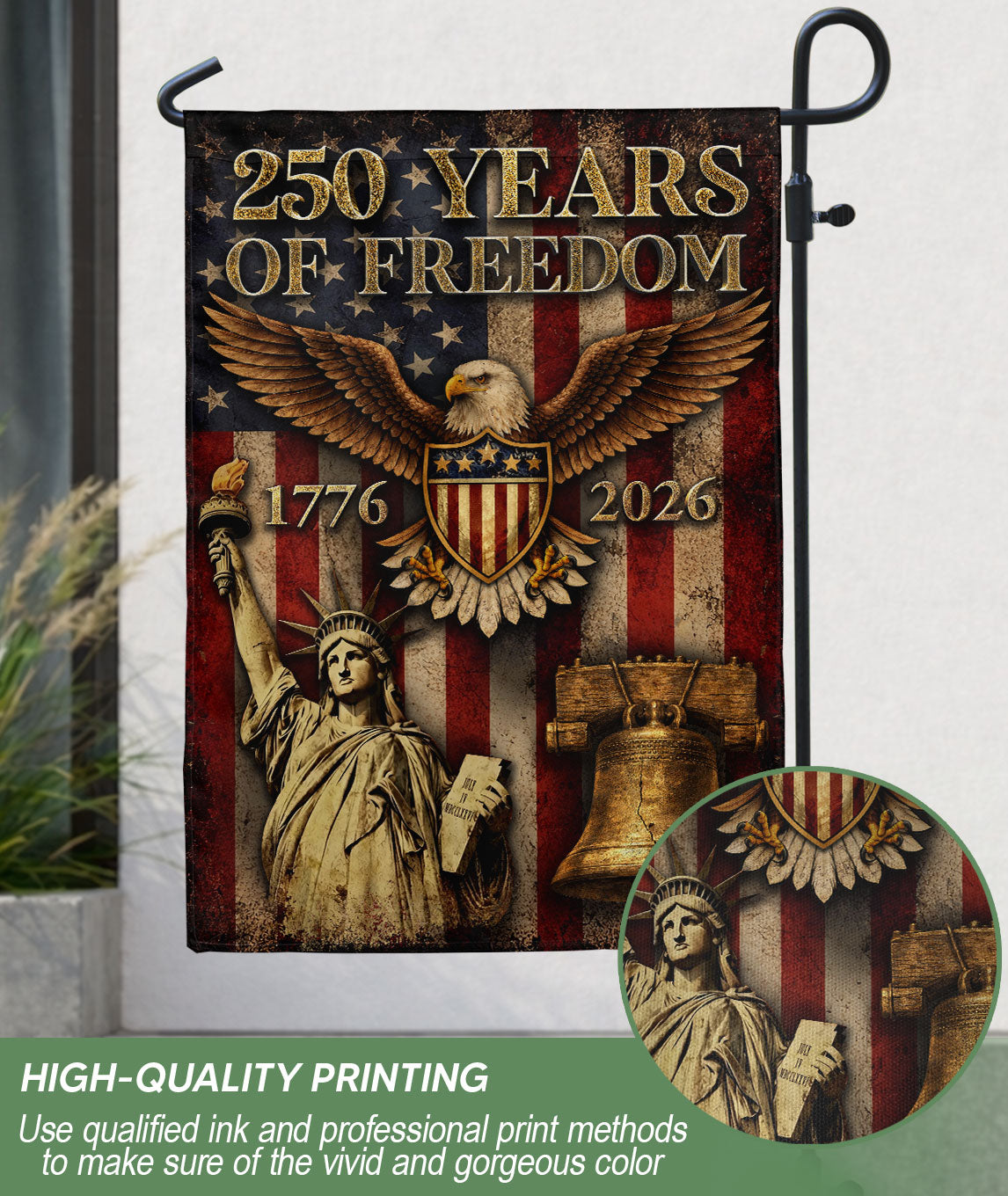 USA 250 Years of Freedom House Flag - Statue of Liberty & Liberty Bell Patriotic Banner