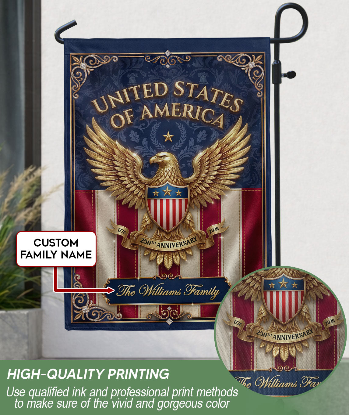 Custom Family Name United States of America 250th Anniversary Eagle Garden Flag Banner