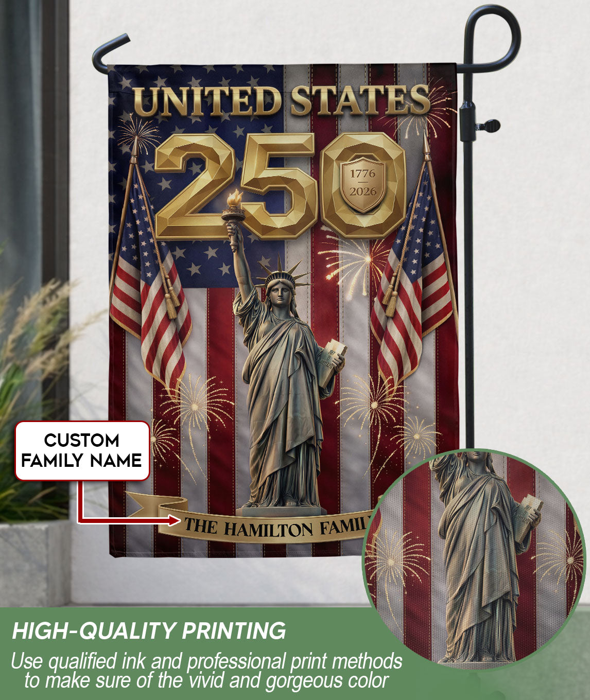 Custom Family Name United States 250 Years Statue of Liberty Patriot Garden Flag Banner