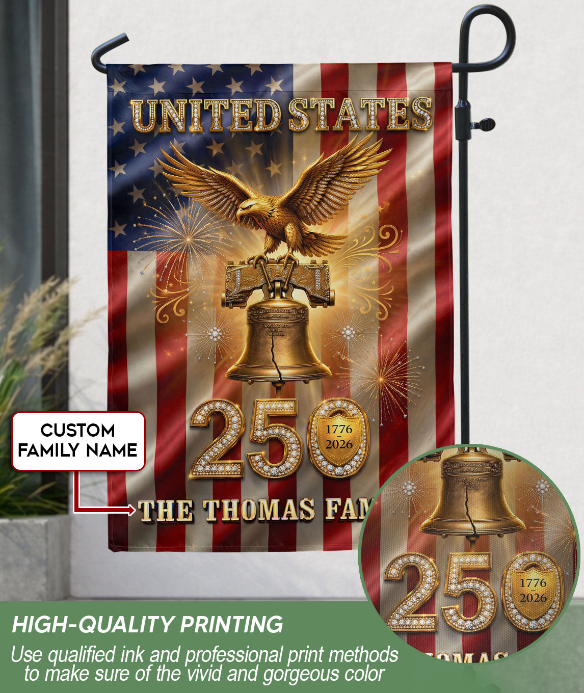 Custom Family Name United States 250 Years Liberty Bell Patriot Eagle Garden Flag