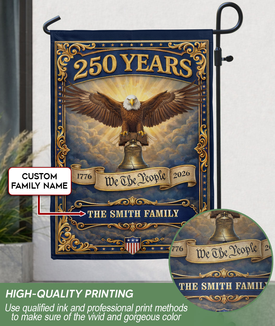 250 Years 1776-2026 Custom Family Name We The People Liberty Bell Patriot Eagle Garden Flag