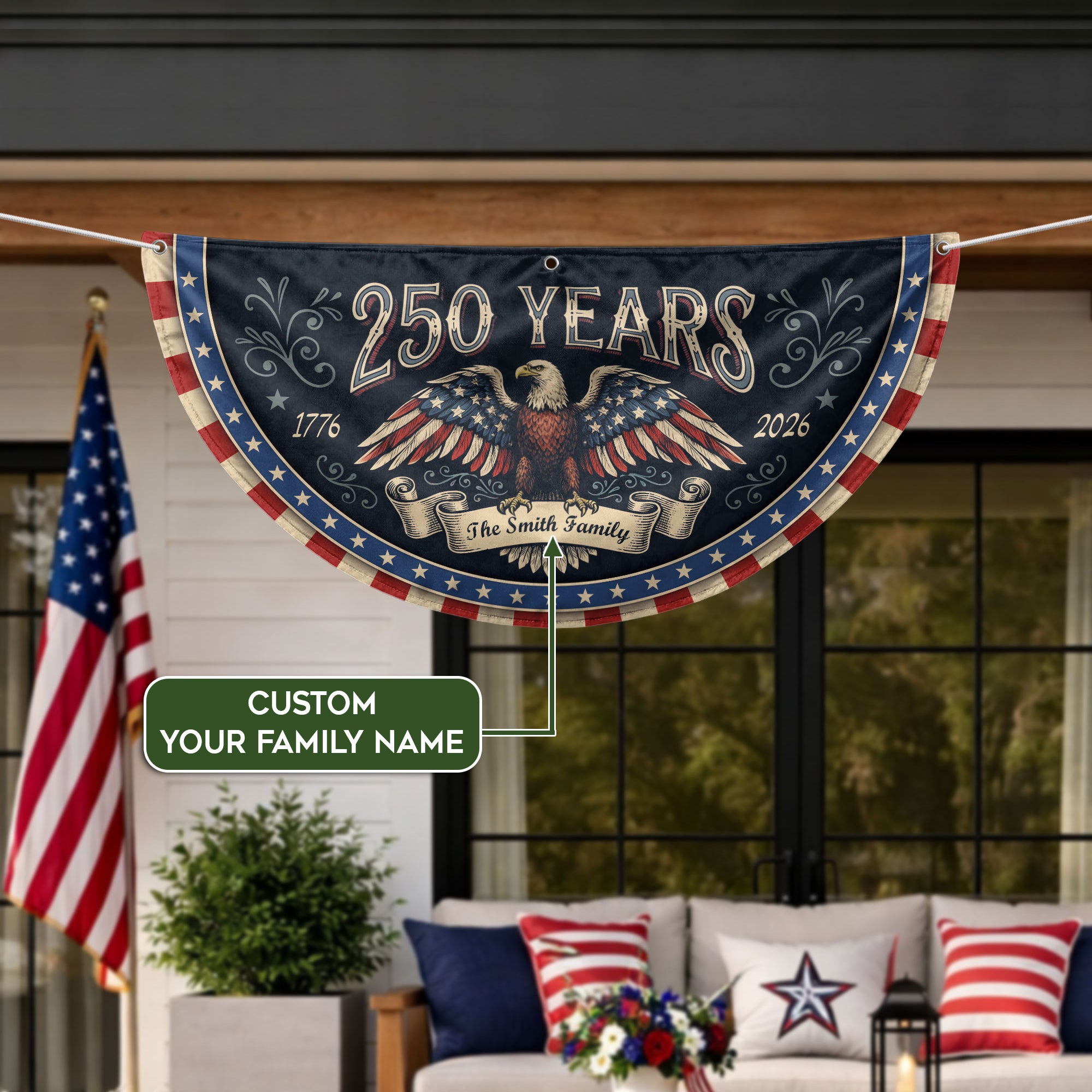 250 Years 1776-2026 Patriotic Fence Flag - Custom Family Name Eagle Outdoor Banner