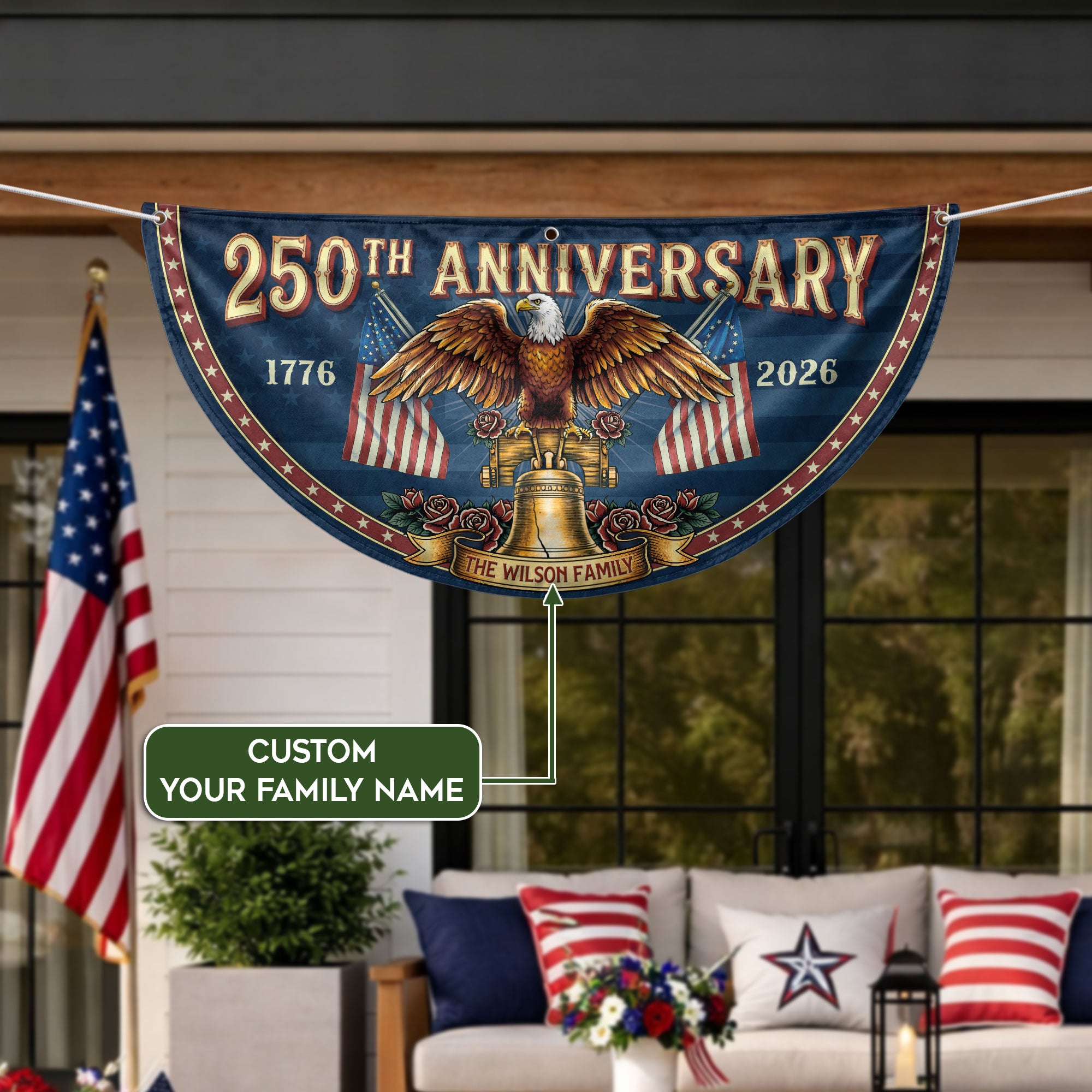 250th Anniversary 1776-2026 Liberty Bell Custom Family Name Patriot Fence Flag Banner