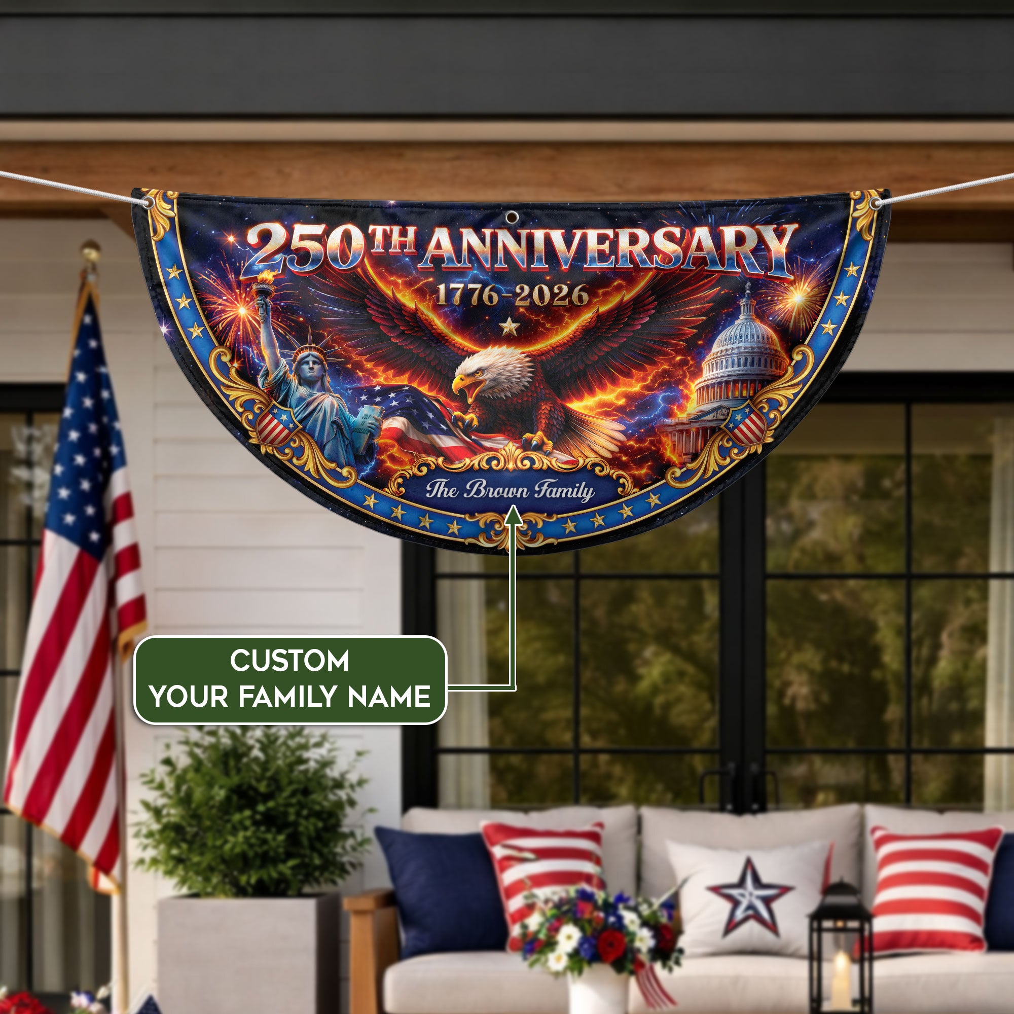 250th Anniversary 1776-2026 Custom Family Name Statue of Liberty Patriot Fence Flag