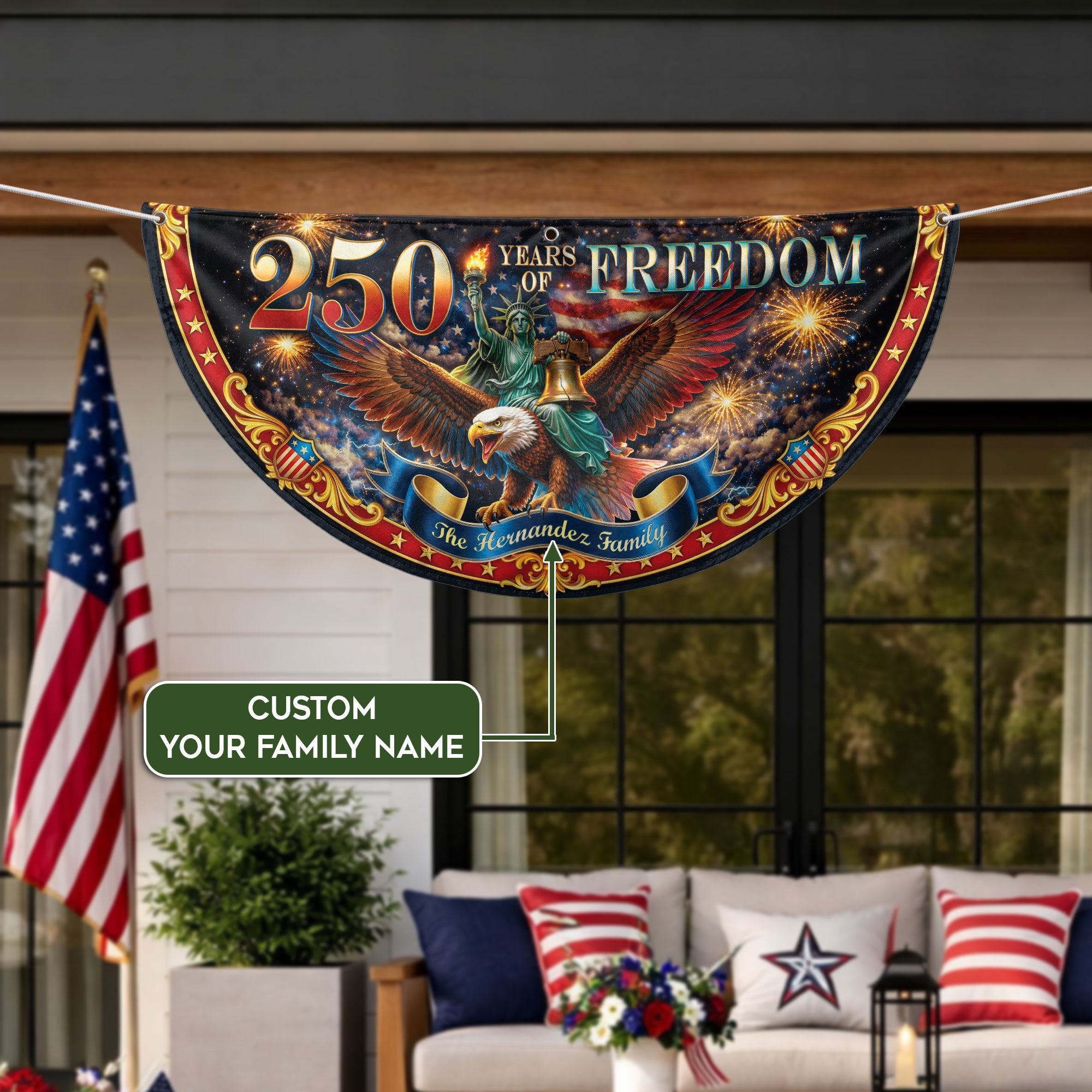 250 Years of Freedom Custom Family Name Patriot Fence Flag - Outdoor Bunting Banner