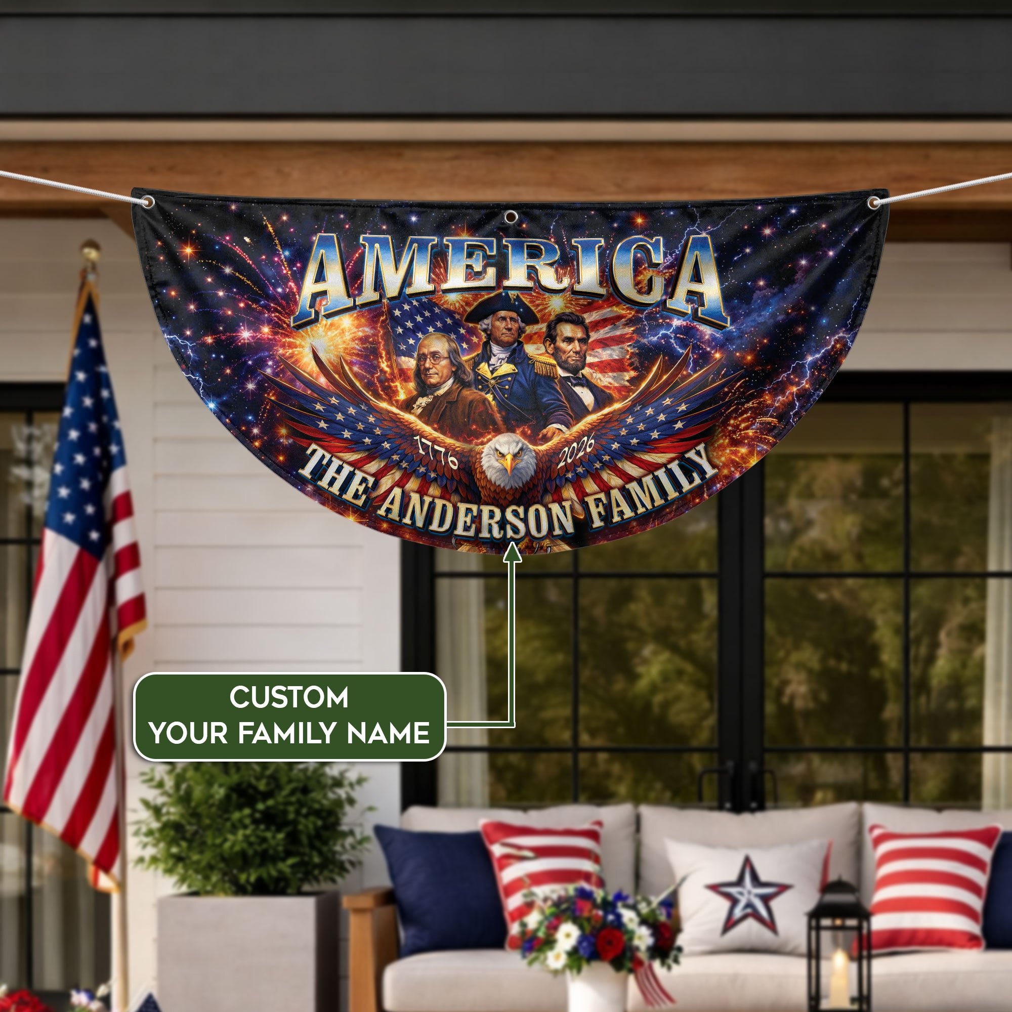 Custom Family Name America 1776-2026 Historical Founding Fathers Patriot Fence Flag