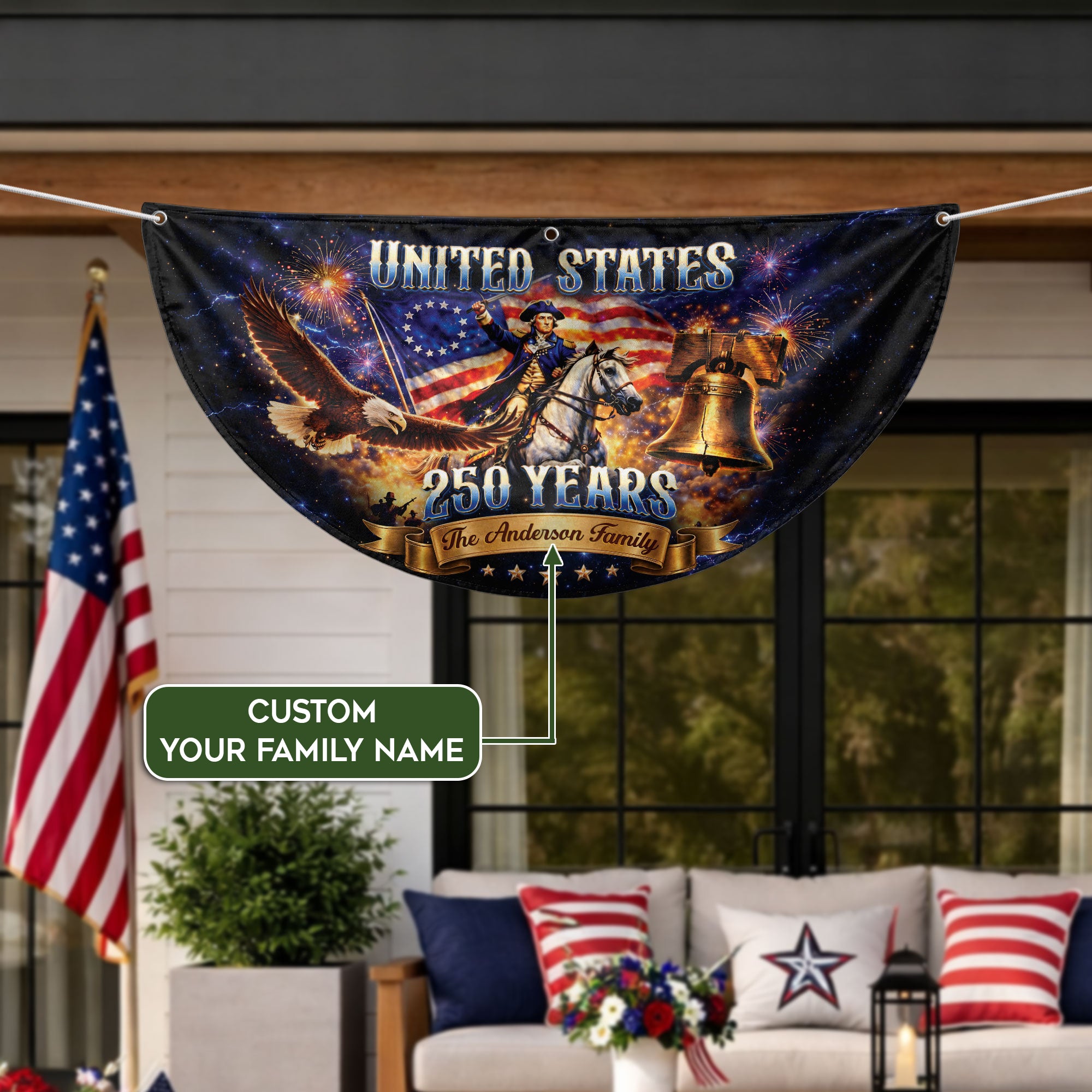 Custom Family Name United States 250 Years George Washington Patriot Eagle Fence Flag
